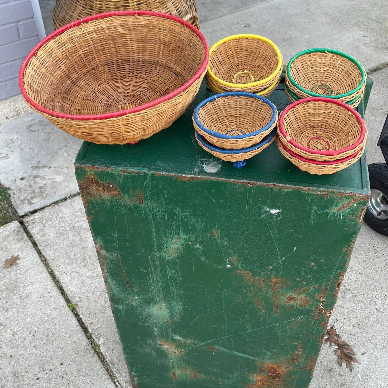 Vintage and Rattan and Multicolor Banded Baskets- a Set of 9 - 3