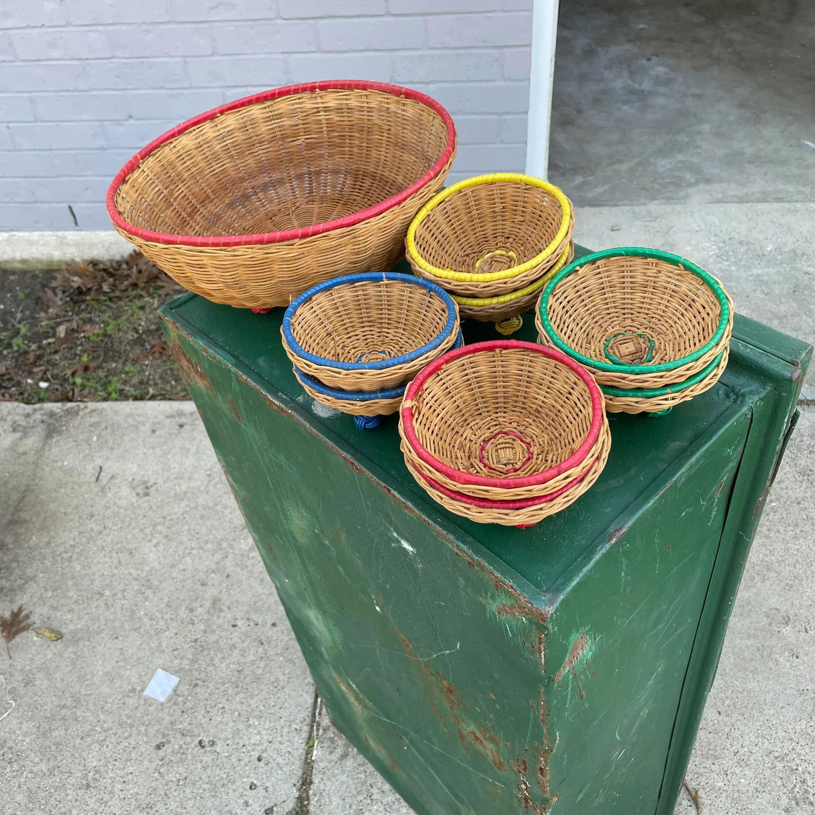 Vintage and Rattan and Multicolor Banded Baskets- a Set of 9 - 4