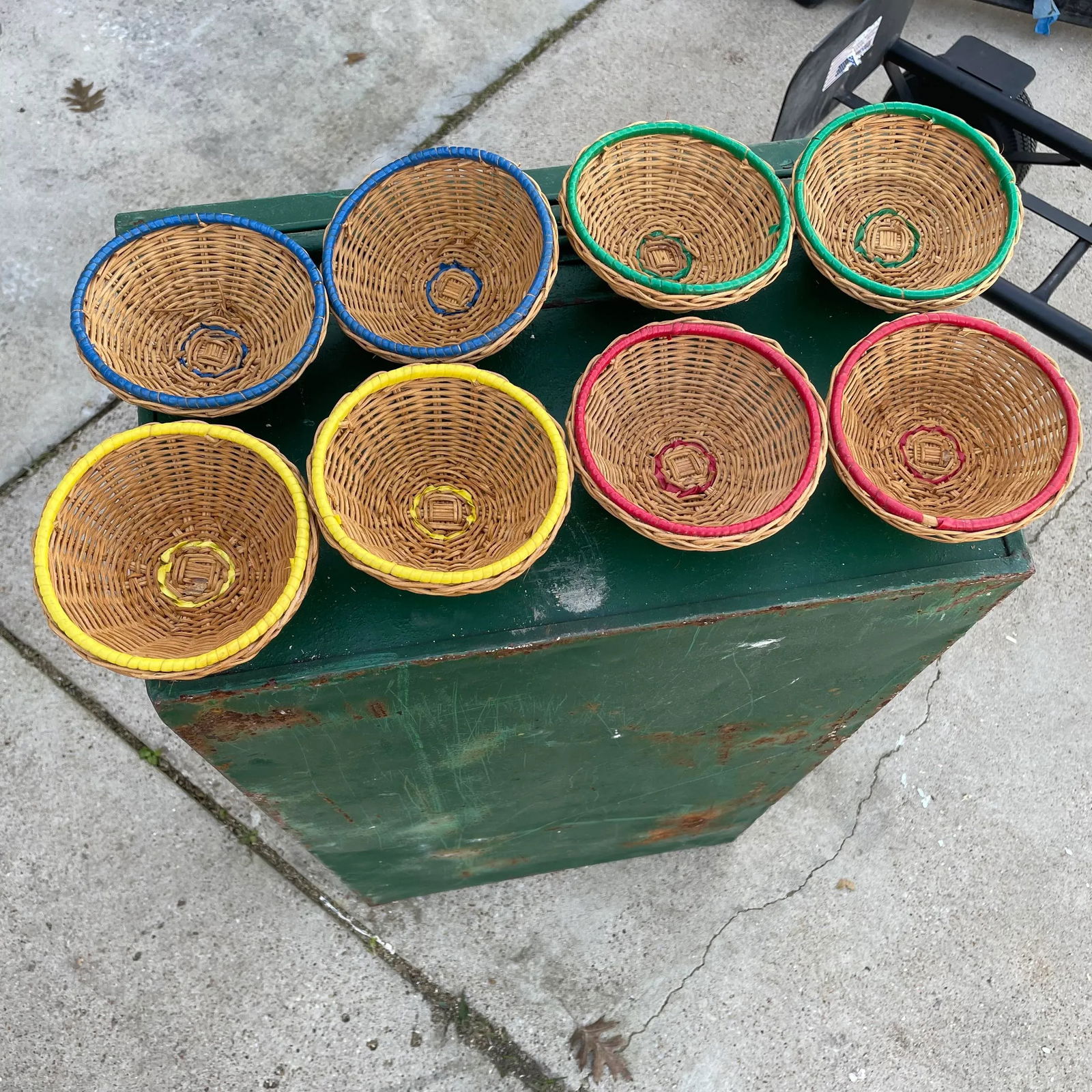 Vintage and Rattan and Multicolor Banded Baskets- a Set of 9 - 7