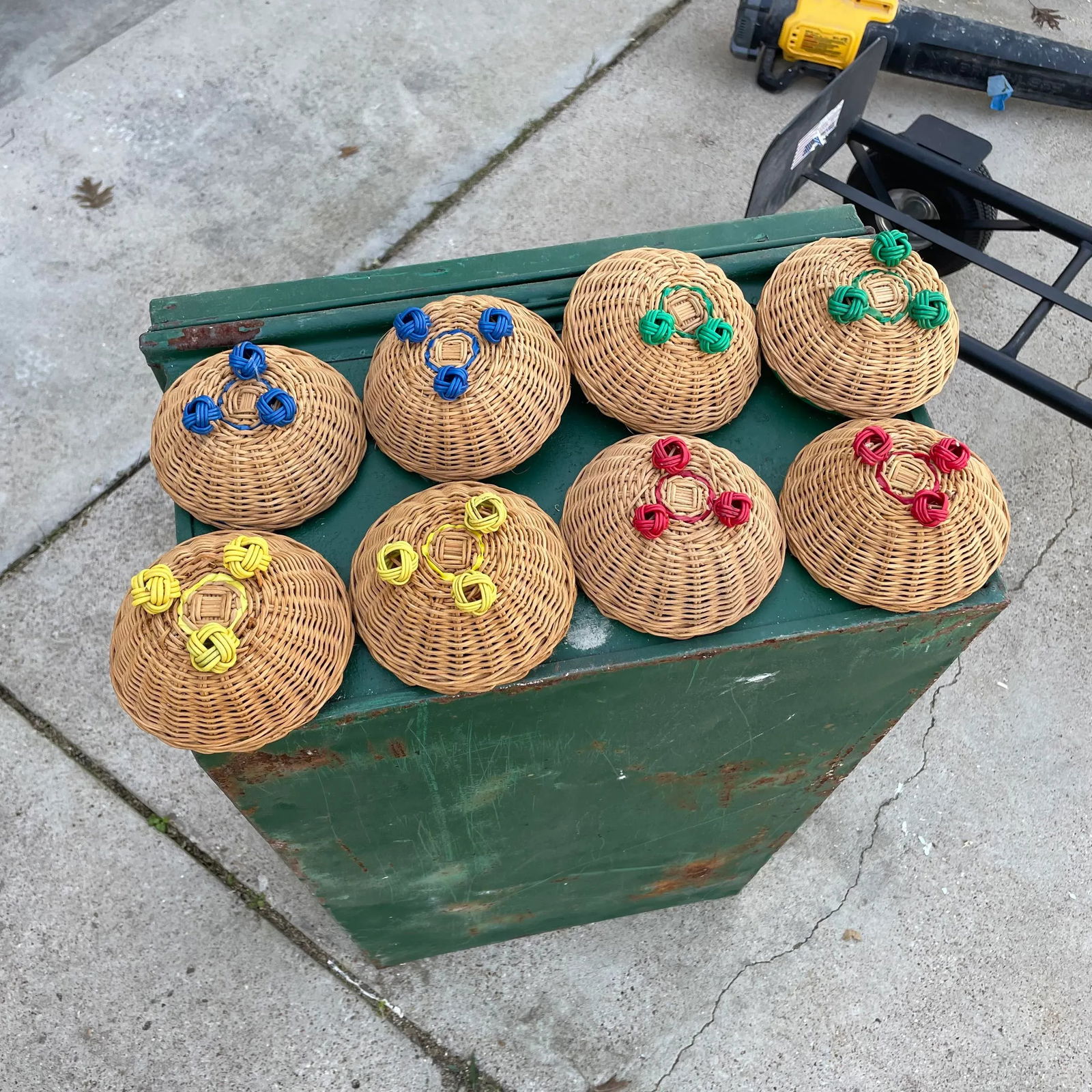 Vintage and Rattan and Multicolor Banded Baskets- a Set of 9 - 8