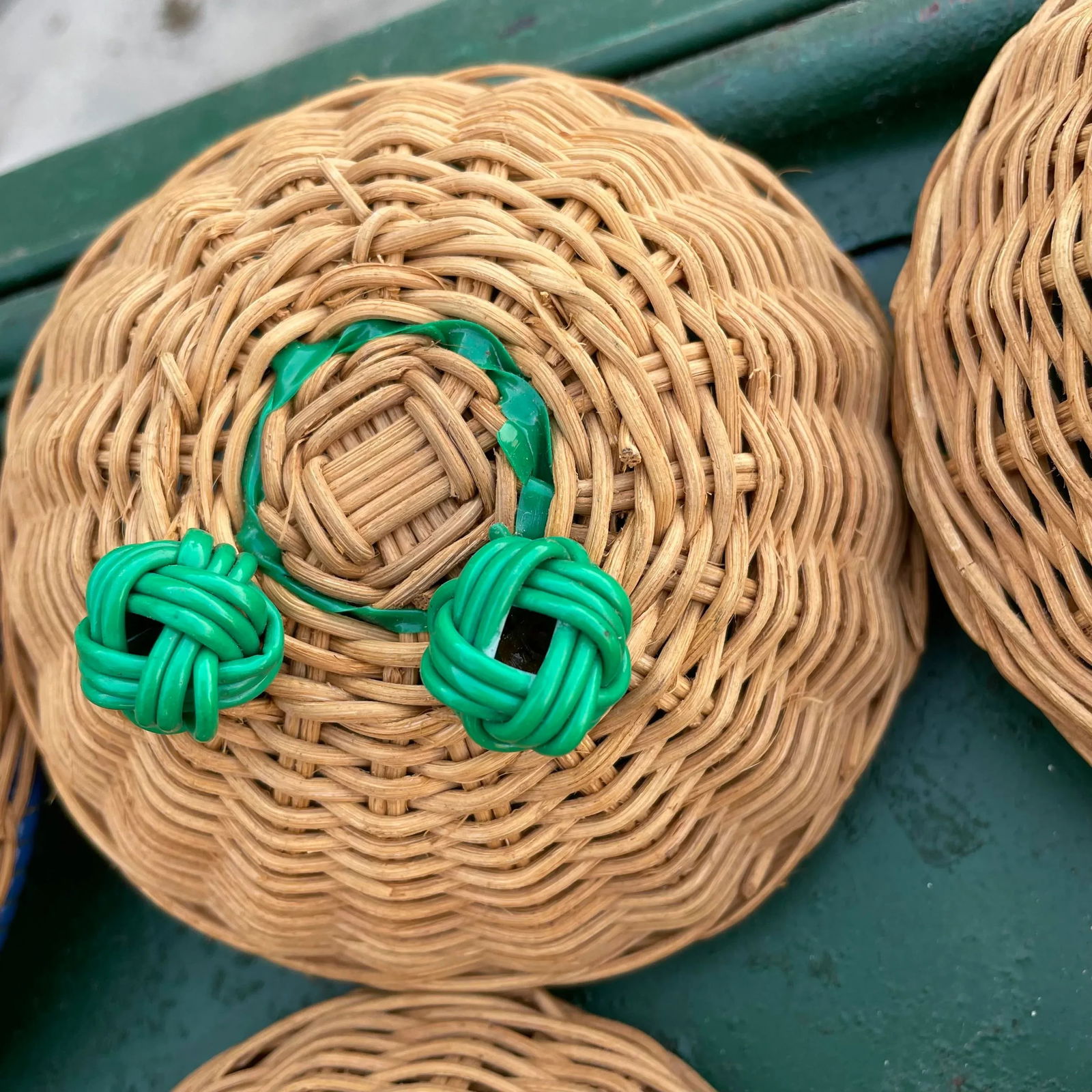 Vintage and Rattan and Multicolor Banded Baskets- a Set of 9 - 9
