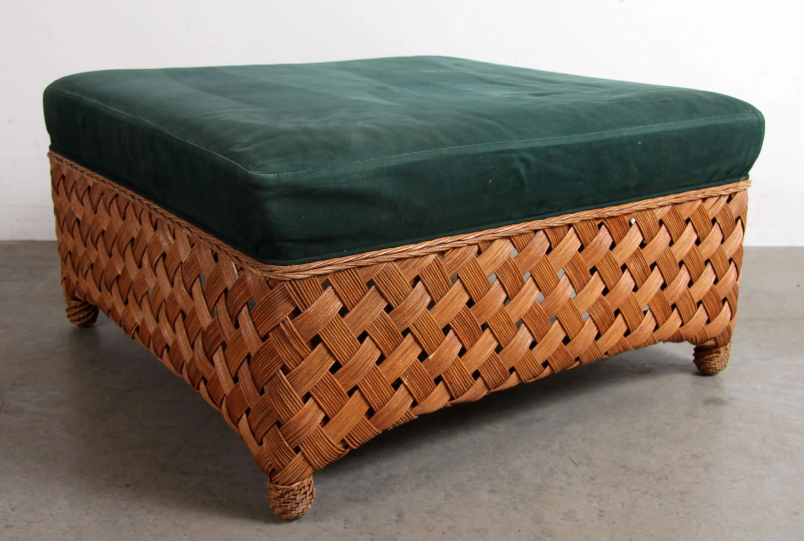 Vintage Palecek Rattan Wicker Oversized Dark Green Upholstered Ottoman - 12