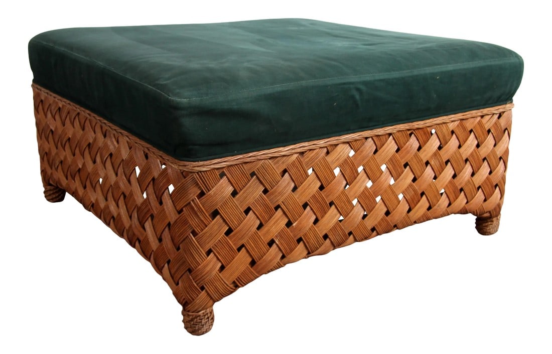 Vintage Palecek Rattan Wicker Oversized Dark Green Upholstered Ottoman: Beautiful vintage c.1980's/90's Palecek rattan oversized ottoman with original forest green upholstery! Lovely weaving to the rattan wicker and nicely wrapped bun feet, this is a wonderful piece! 