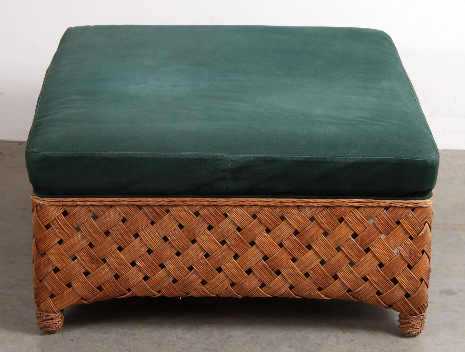 Vintage Palecek Rattan Wicker Oversized Dark Green Upholstered Ottoman - 2