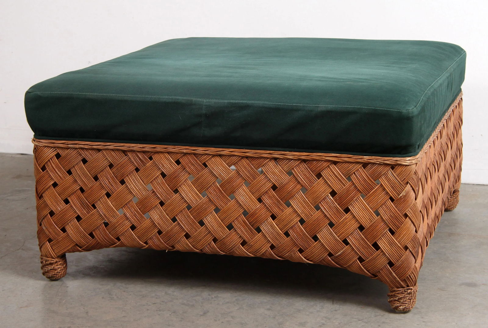 Vintage Palecek Rattan Wicker Oversized Dark Green Upholstered Ottoman - 3