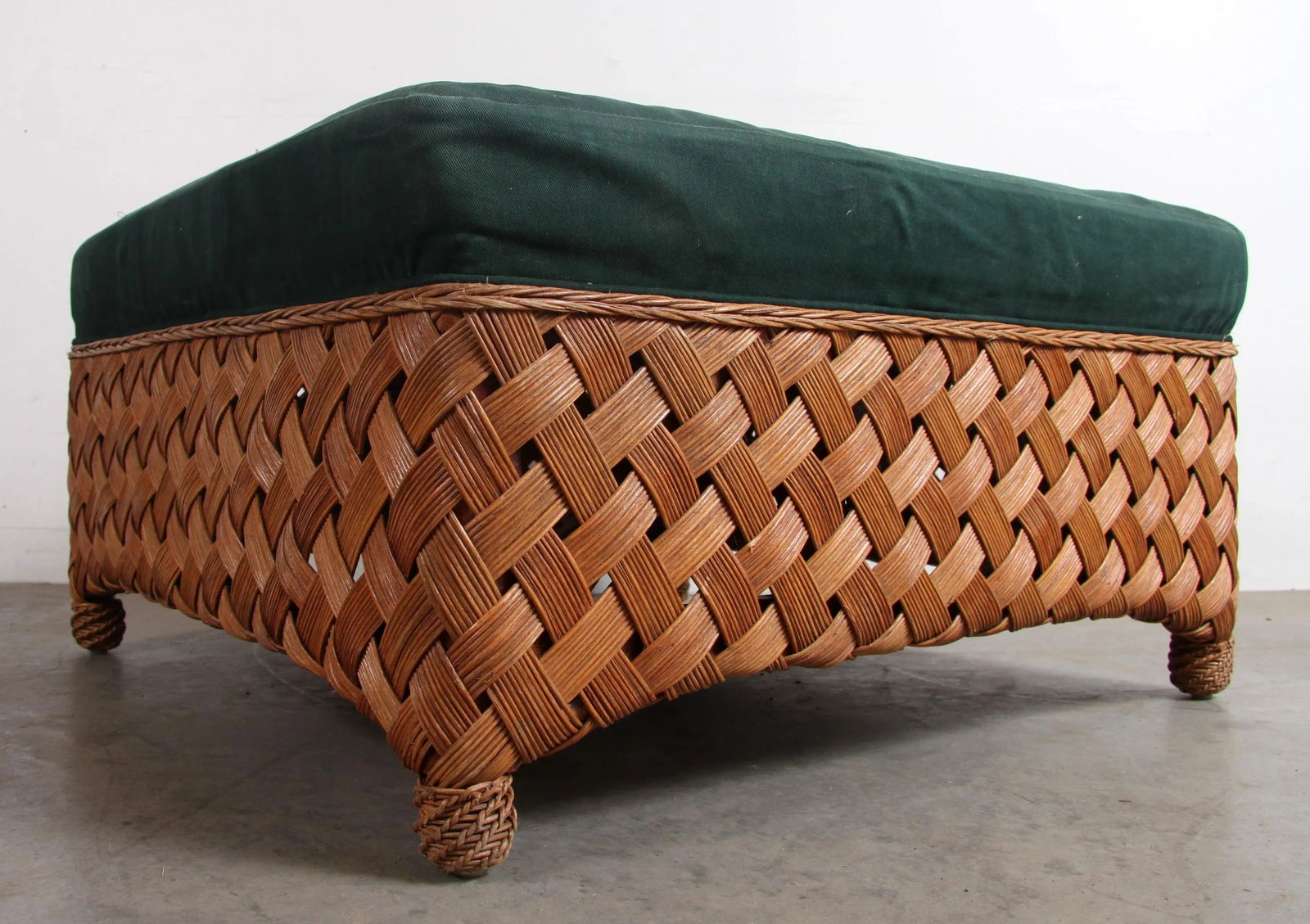 Vintage Palecek Rattan Wicker Oversized Dark Green Upholstered Ottoman - 4