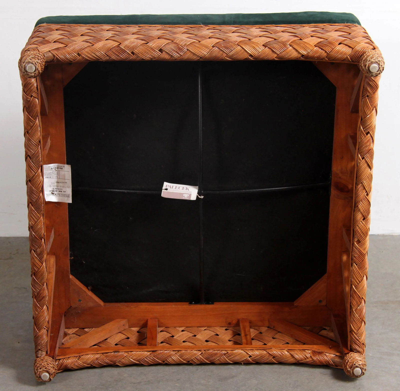 Vintage Palecek Rattan Wicker Oversized Dark Green Upholstered Ottoman - 8