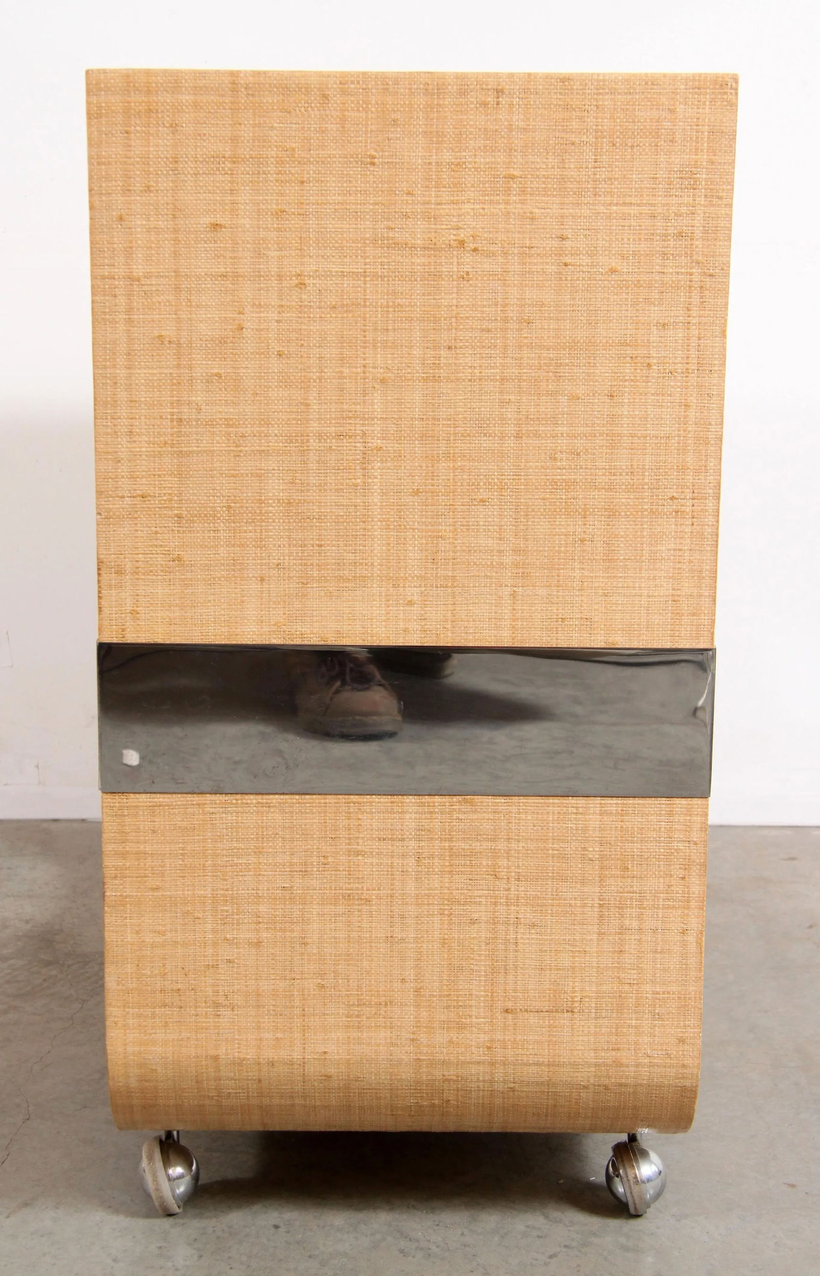 Mid Century Modern Lacquered Grasscloth & Chrome Bar Cart After Karl Springer - 11