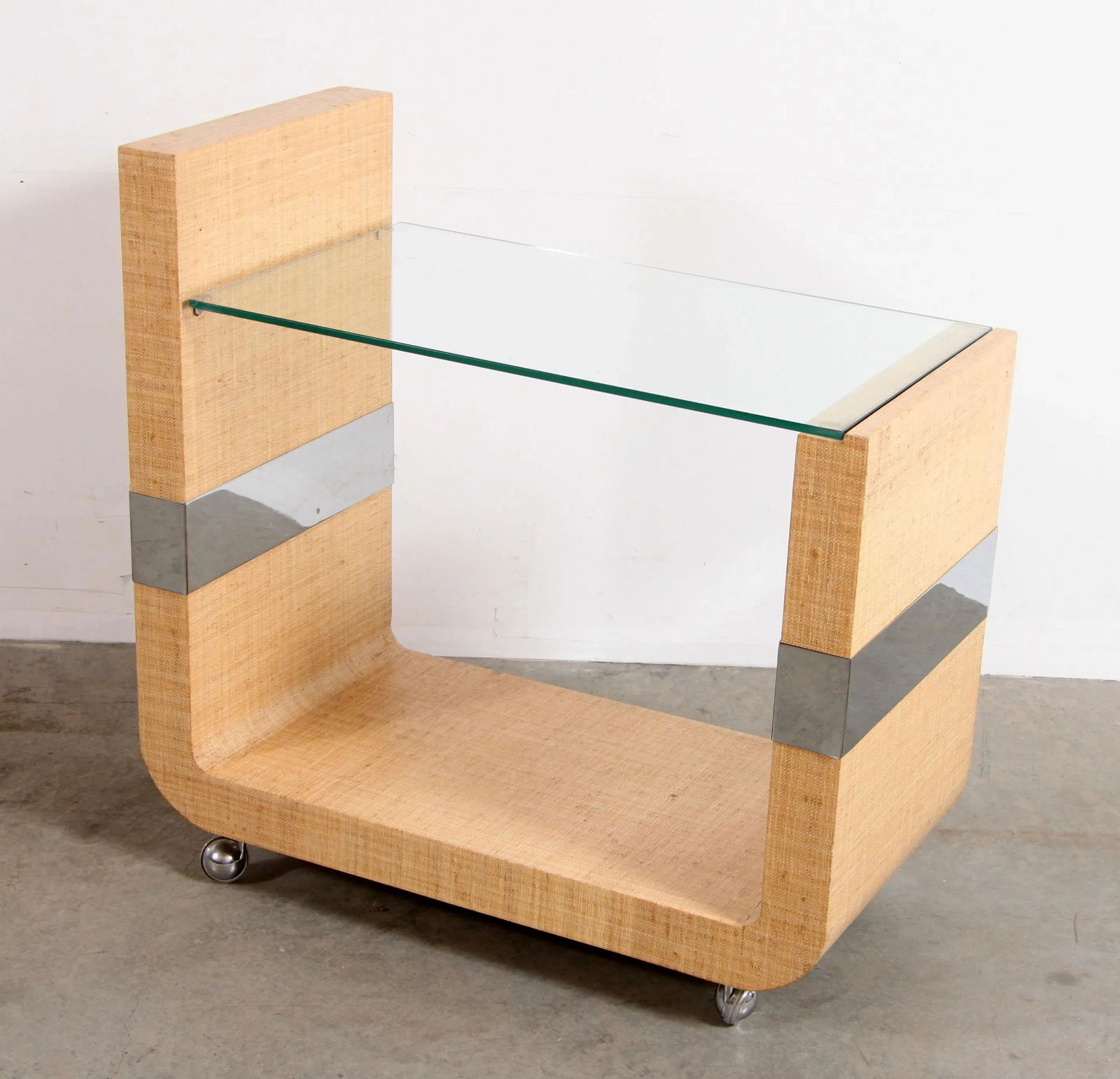 Mid Century Modern Lacquered Grasscloth & Chrome Bar Cart After Karl Springer - 13