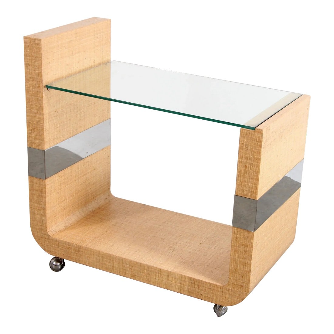 Mid Century Modern Lacquered Grasscloth & Chrome Bar Cart After Karl Springer: STUNNING vintage c.1970's Karl Springer style lacquered grasscloth & chrome banded bar cart with glass top! This is an absolutely beautiful cart that has amazing styling and feel. It was possibly