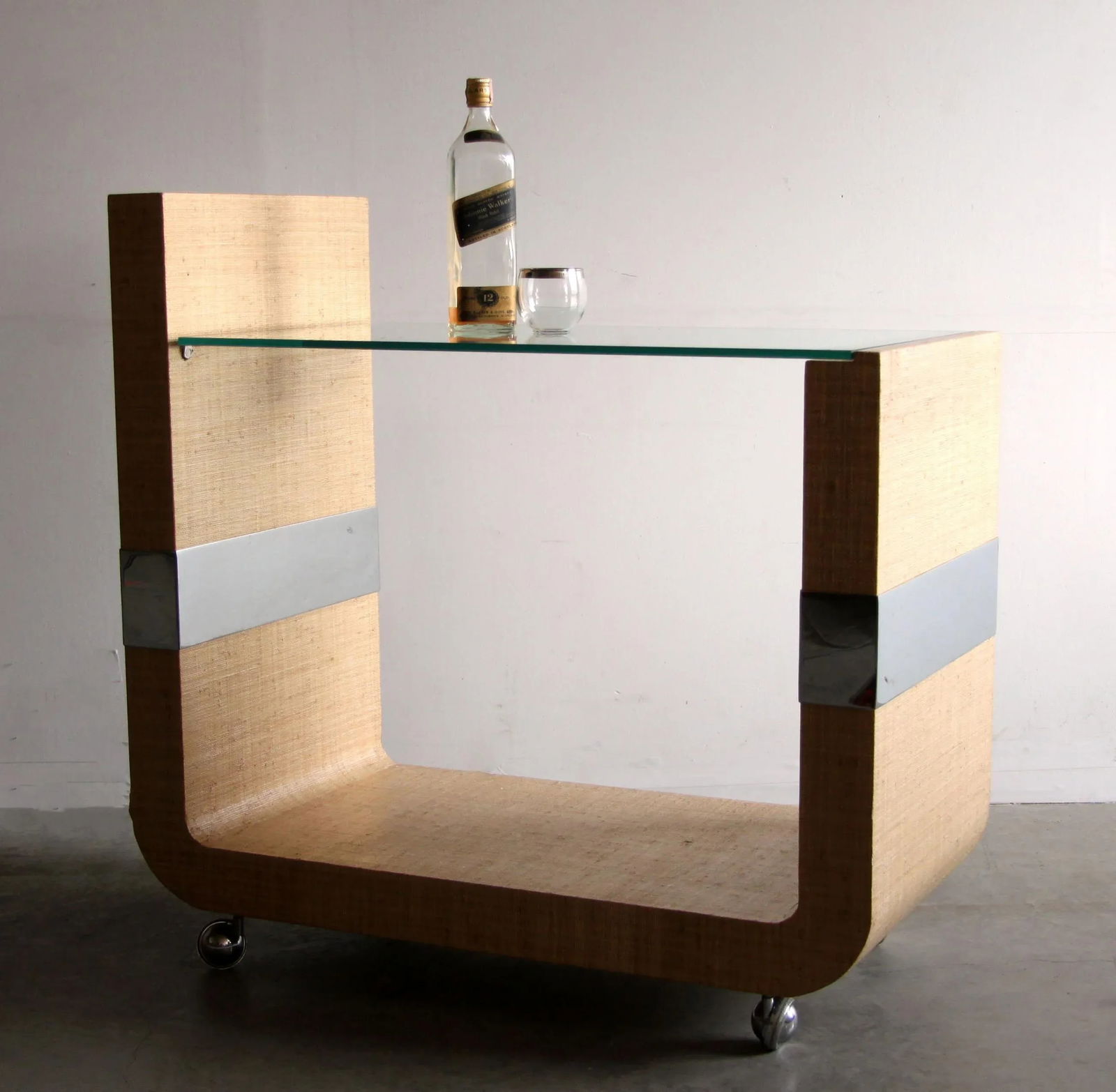 Mid Century Modern Lacquered Grasscloth & Chrome Bar Cart After Karl Springer - 2