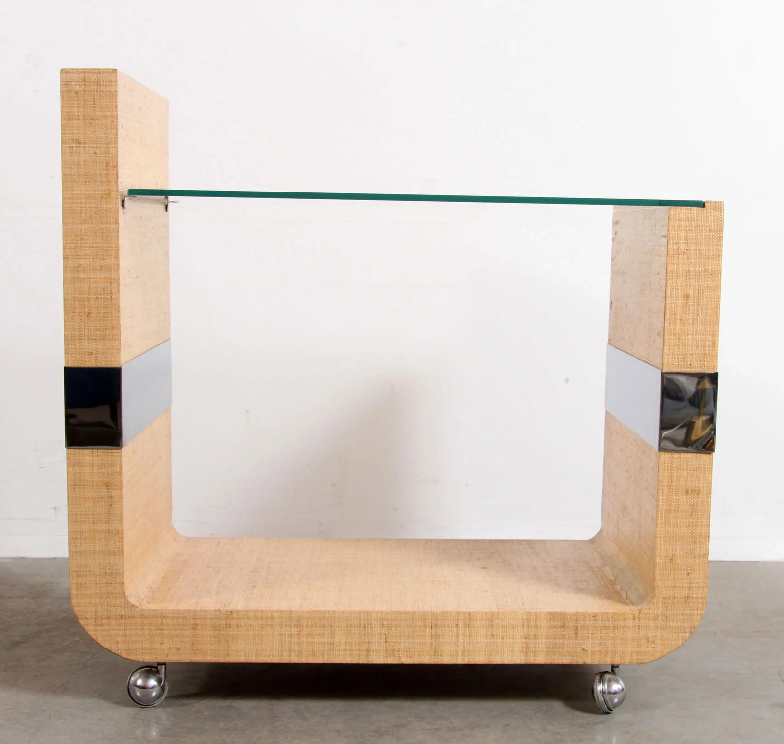 Mid Century Modern Lacquered Grasscloth & Chrome Bar Cart After Karl Springer - 3