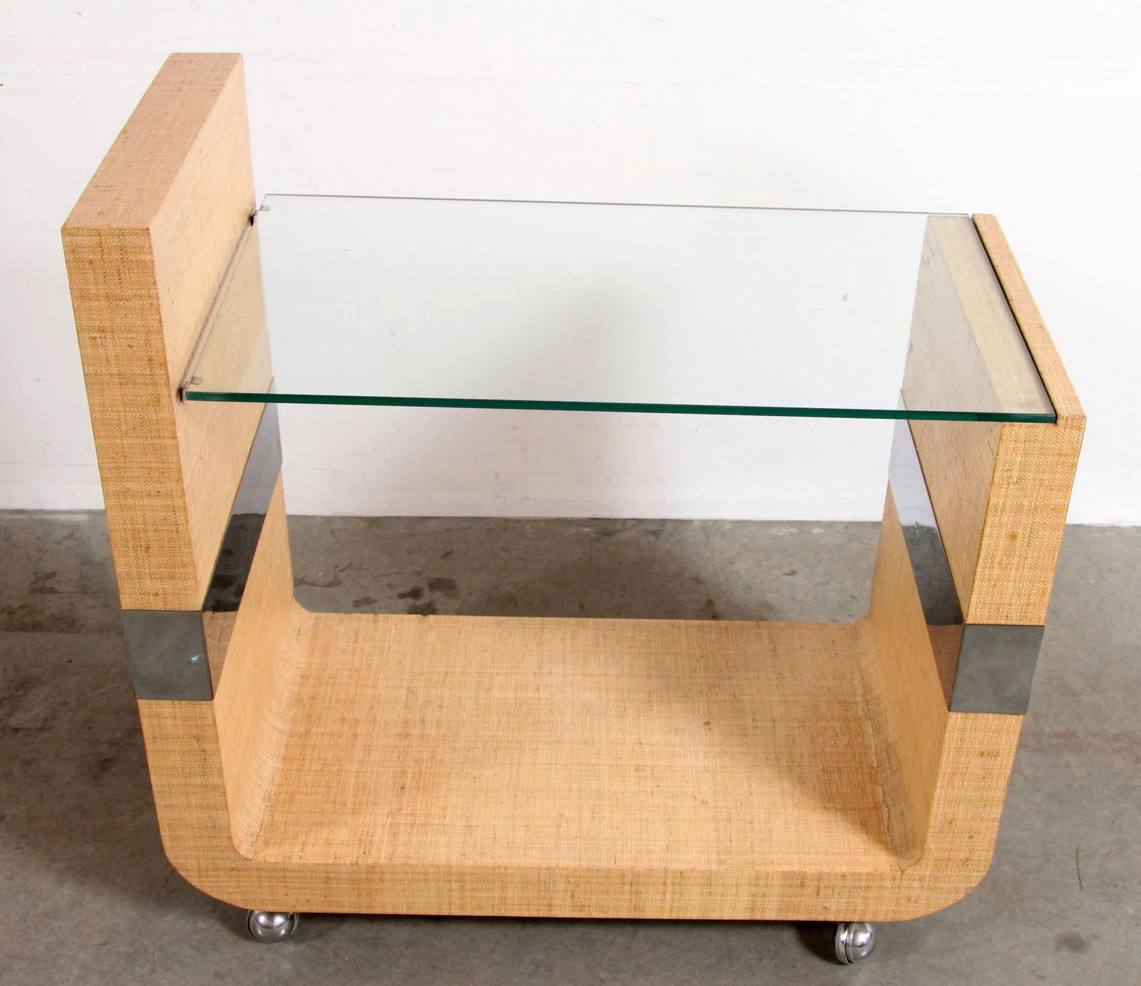 Mid Century Modern Lacquered Grasscloth & Chrome Bar Cart After Karl Springer - 4