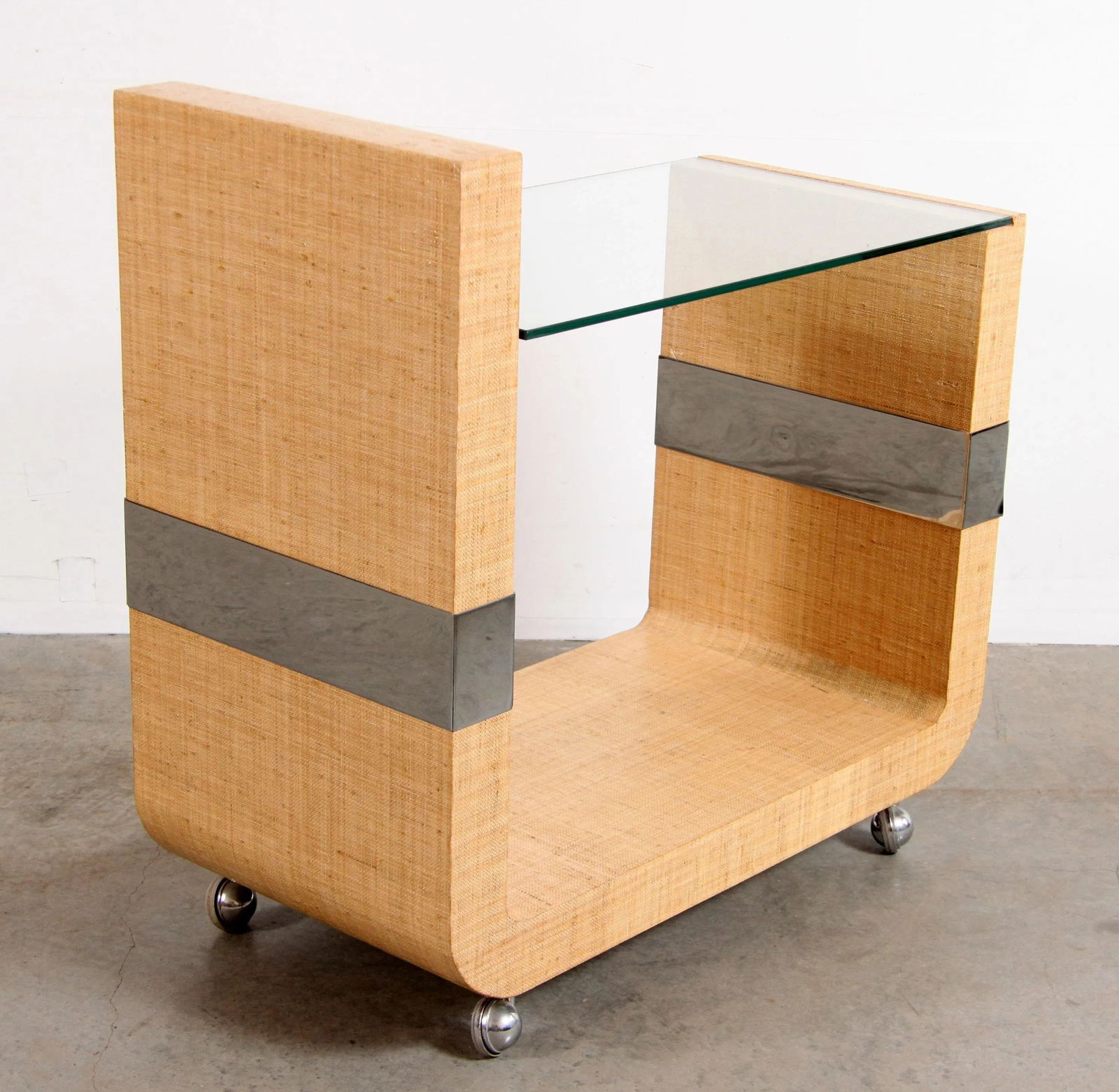 Mid Century Modern Lacquered Grasscloth & Chrome Bar Cart After Karl Springer - 5