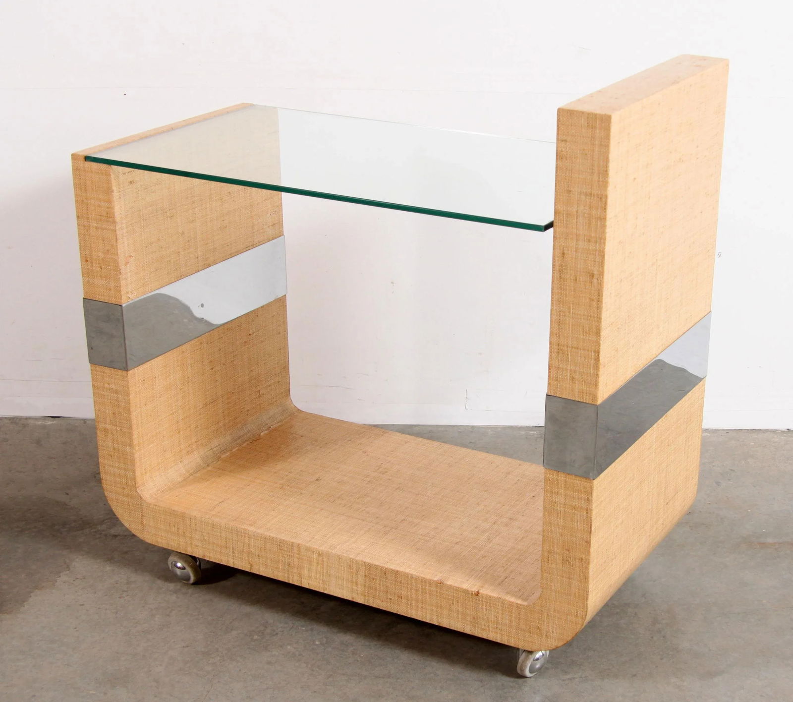 Mid Century Modern Lacquered Grasscloth & Chrome Bar Cart After Karl Springer - 7