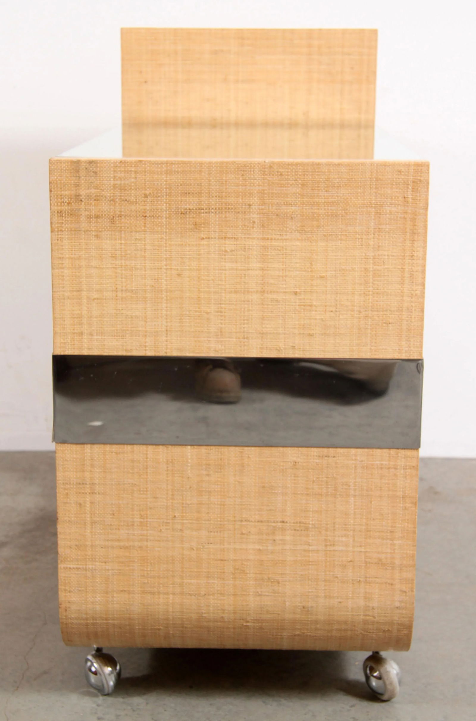 Mid Century Modern Lacquered Grasscloth & Chrome Bar Cart After Karl Springer - 8