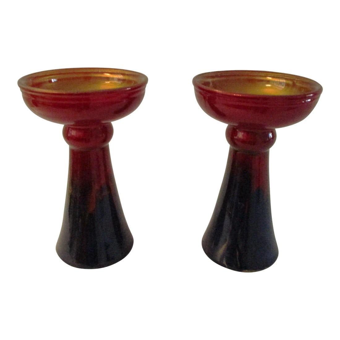 German Modern Abstract Glass Candle Holders, a Pair: Stylish pair of German modern design glass candle holders in an abstract motif in shades of gold, red and purple. Each holds one taper or pillar candle. Condition: Alterations: Original Condition