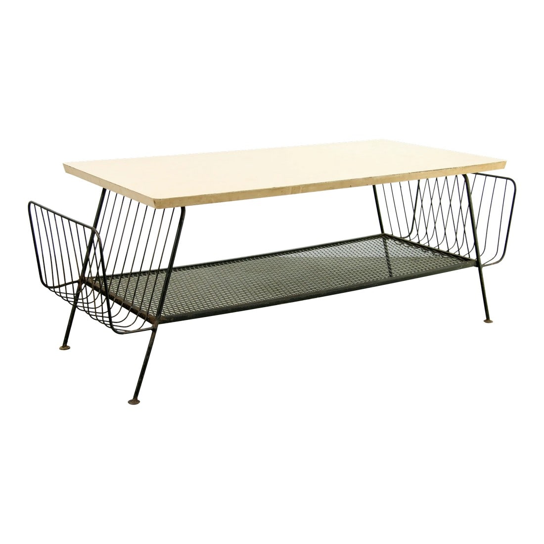 Mid Century Modern Wrought Iron Coffee Table W/ Magazine Racks in the Manner of Paul McCobb: Fabulous vintage mid century modern wrought iron & expanded steel coffee table, with attached magazine racks on either side and it's original blonde wood laminate top! This table is very much in the s
