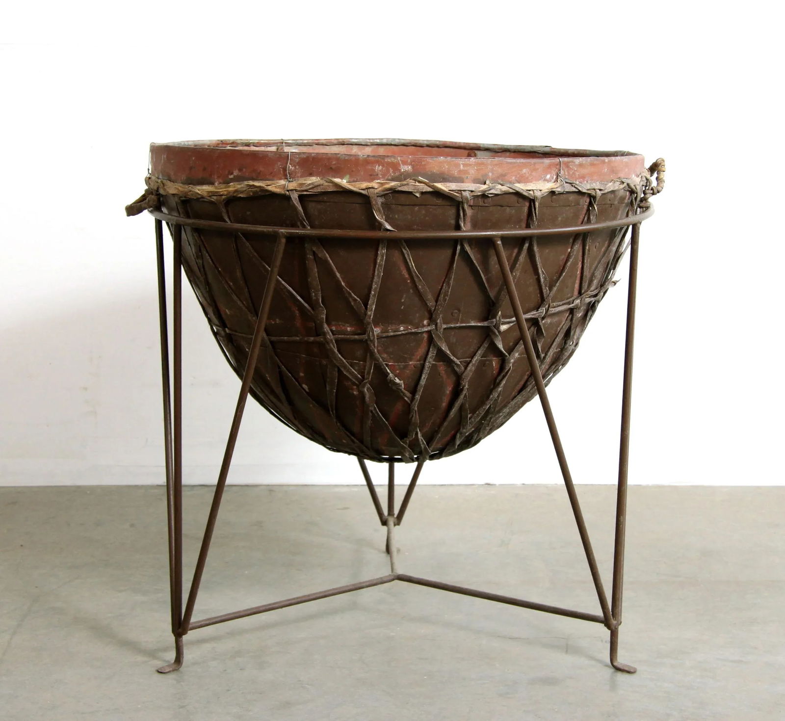 Late 20th Century Vintage BoHo Chic 24" Metal Drum Planter W/ Wrought Iron Stand - Set of 2 - 10