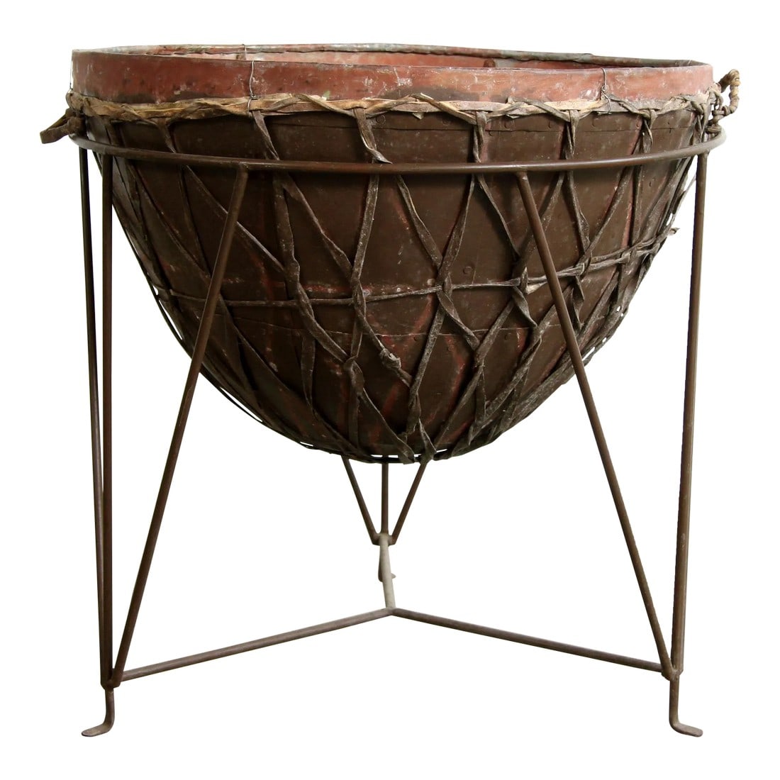 Late 20th Century Vintage BoHo Chic 24" Metal Drum Planter W/ Wrought Iron Stand - Set of 2: Super funky cool and unusual BoHo metal drum planter, painted with a bronzy brown color, wrapped in rawhide leather, sitting atop a wrought iron base! It has a super cool form and nice weight to it.