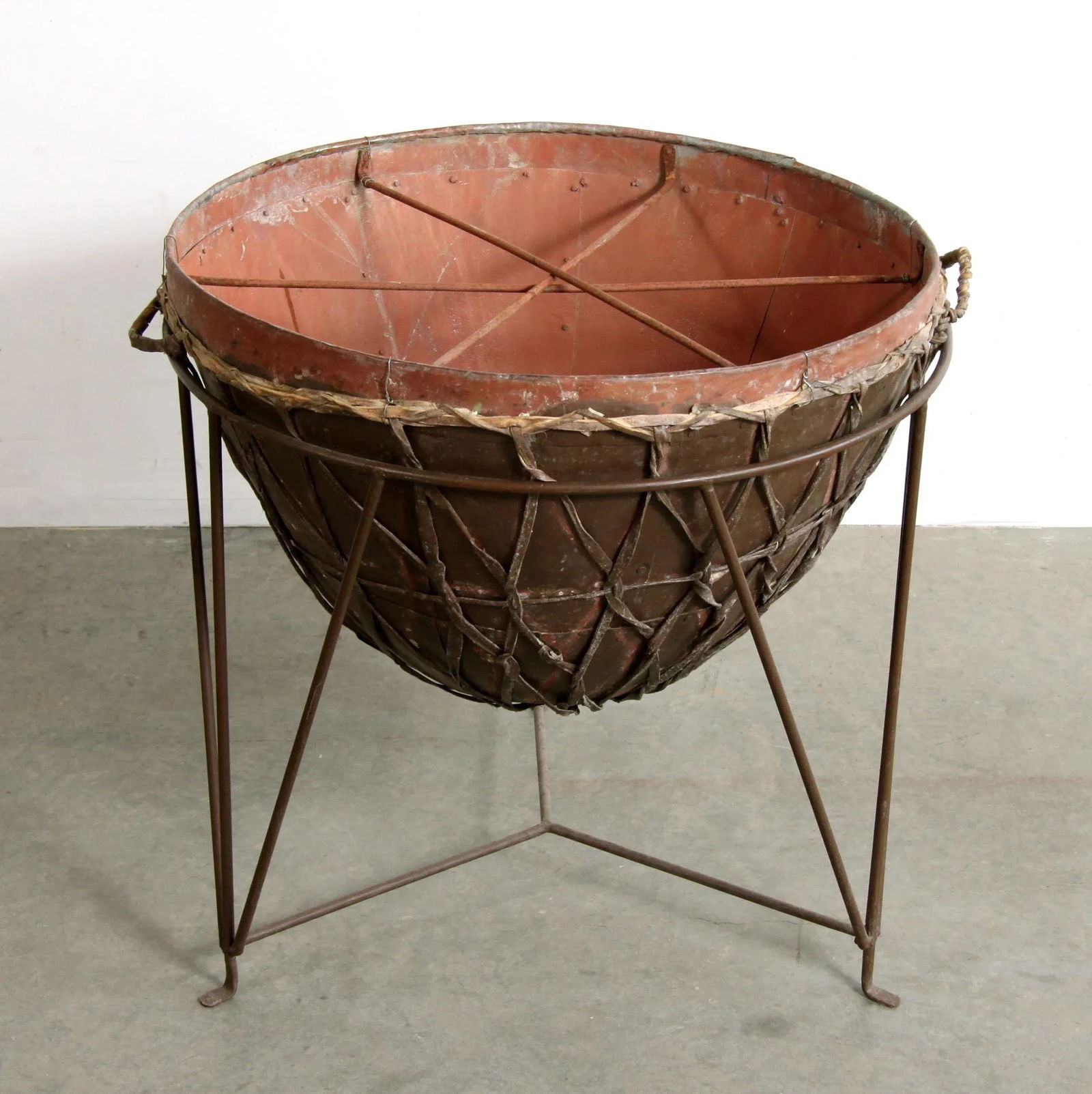 Late 20th Century Vintage BoHo Chic 24" Metal Drum Planter W/ Wrought Iron Stand - Set of 2 - 2