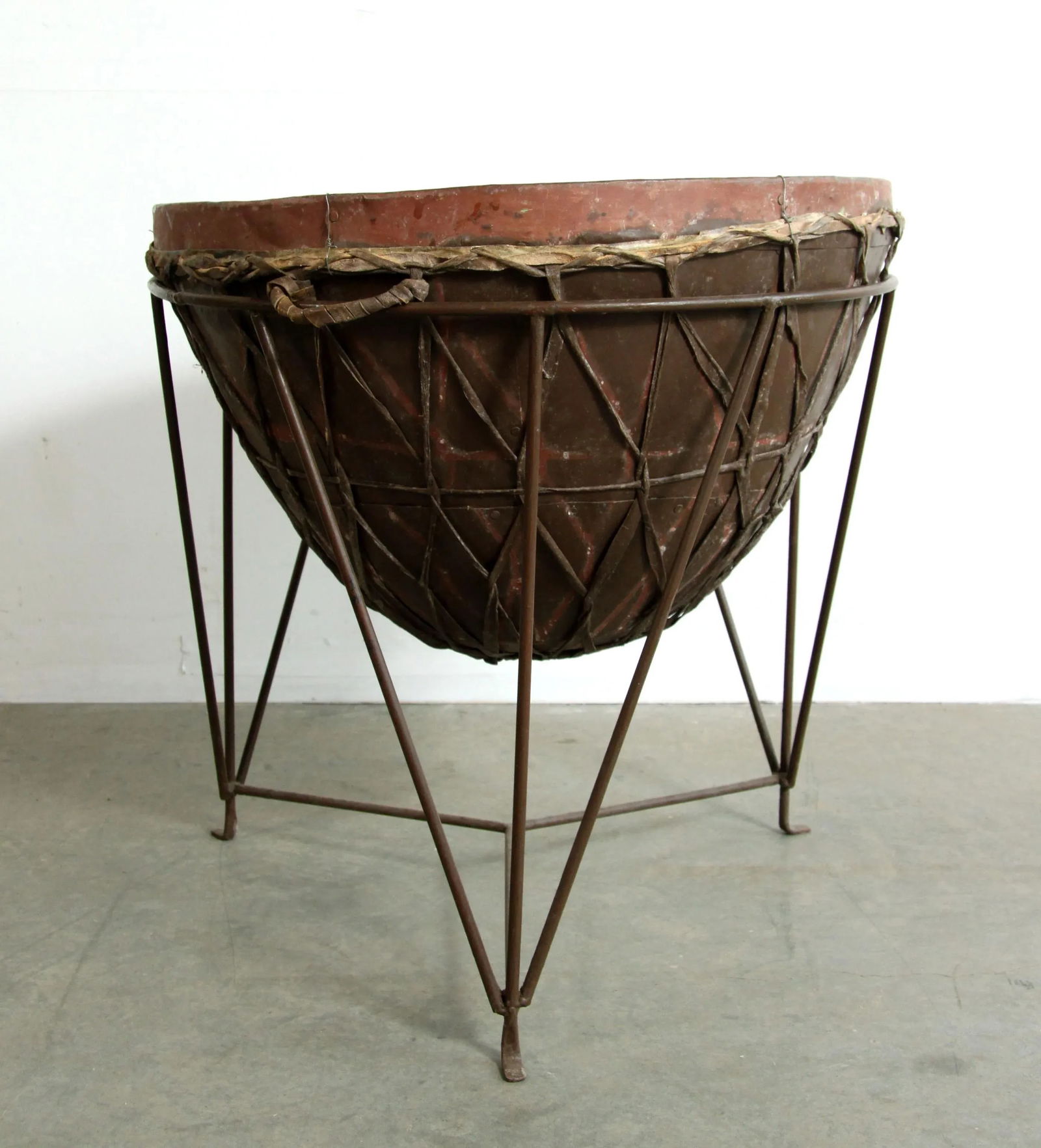 Late 20th Century Vintage BoHo Chic 24" Metal Drum Planter W/ Wrought Iron Stand - Set of 2 - 3