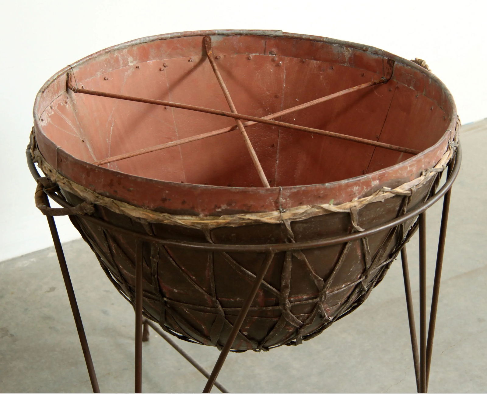 Late 20th Century Vintage BoHo Chic 24" Metal Drum Planter W/ Wrought Iron Stand - Set of 2 - 5