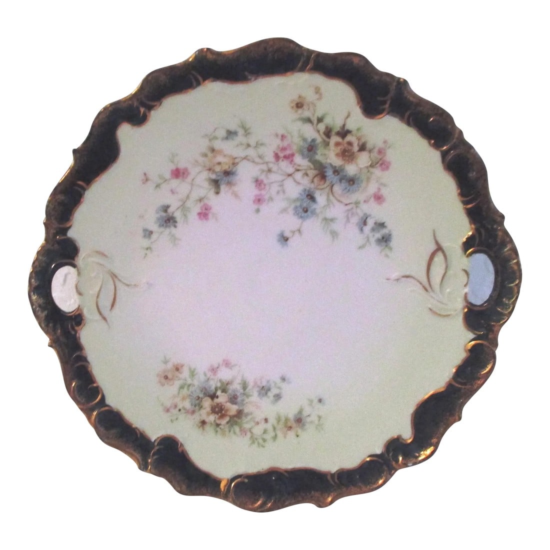 Mid-Century Porcelain Floral Handled Serving Platter: Lovely mid-century porcelain double-handled serving platter featuring a delicate hand-painted floral design with wide navy and gold rim. Perfect for serving cookies or petite fours. Pretty also for us