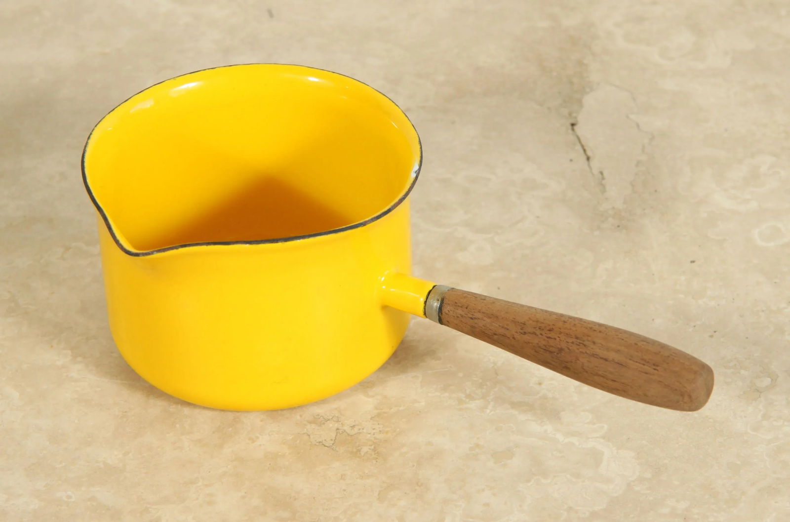 Mid Century Modern Yellow Enamel & Walnut Sauce Pan - 2