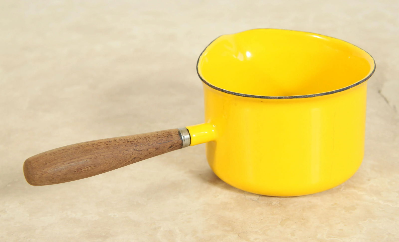 Mid Century Modern Yellow Enamel & Walnut Sauce Pan - 3