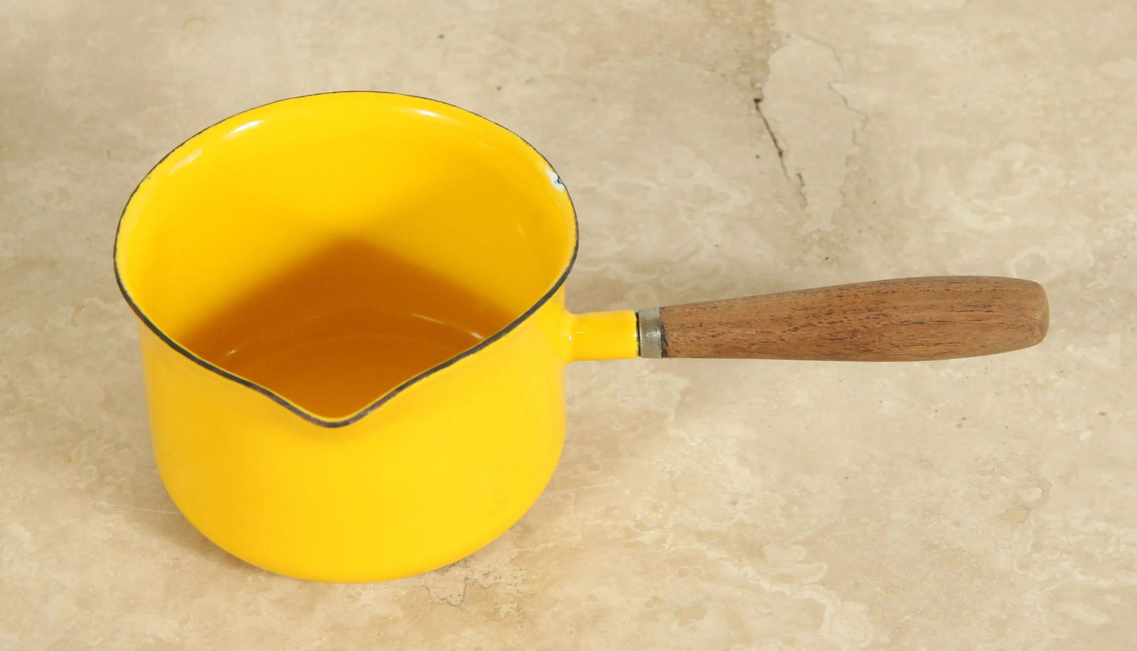 Mid Century Modern Yellow Enamel & Walnut Sauce Pan - 4