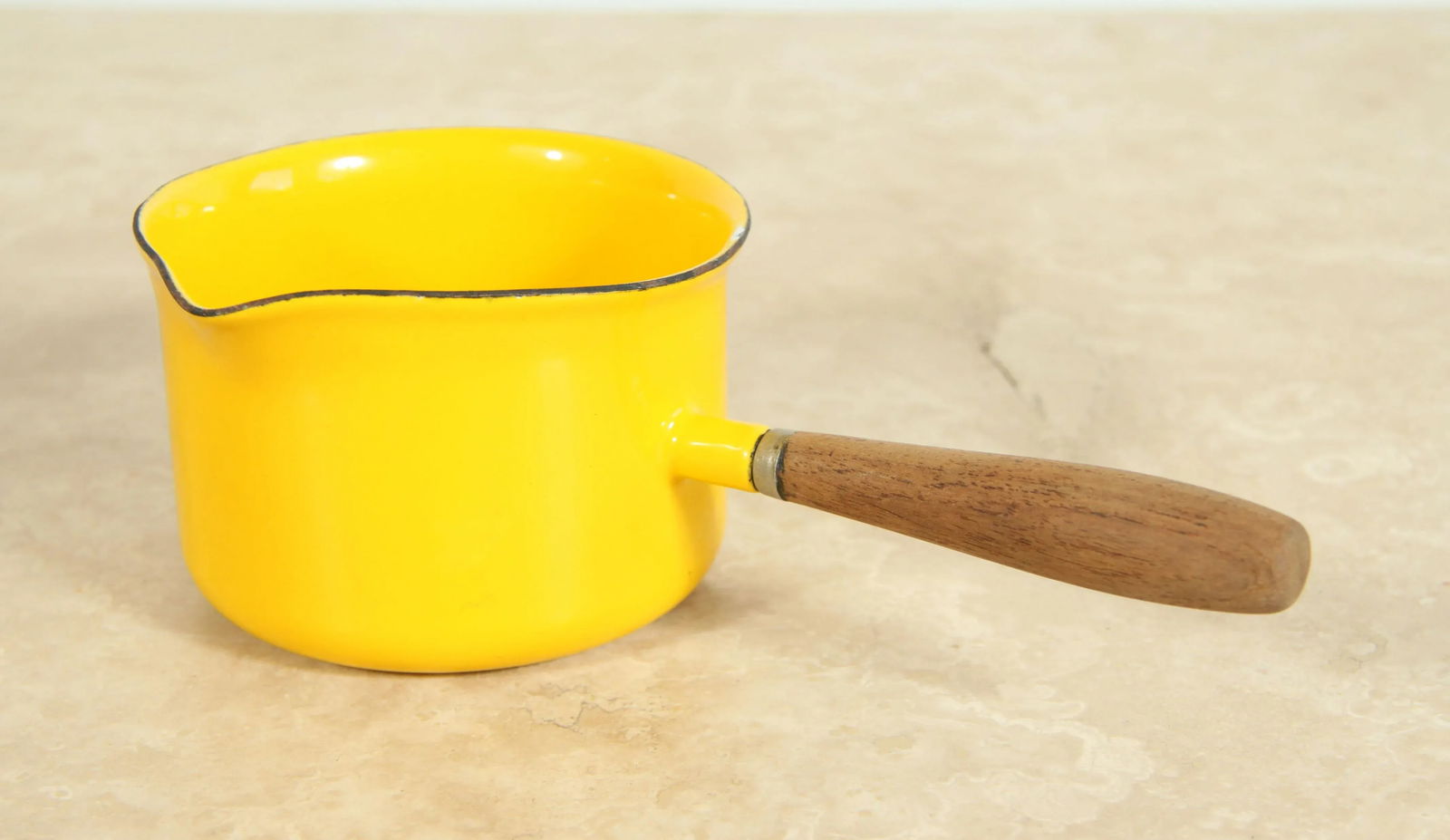 Mid Century Modern Yellow Enamel & Walnut Sauce Pan - 8