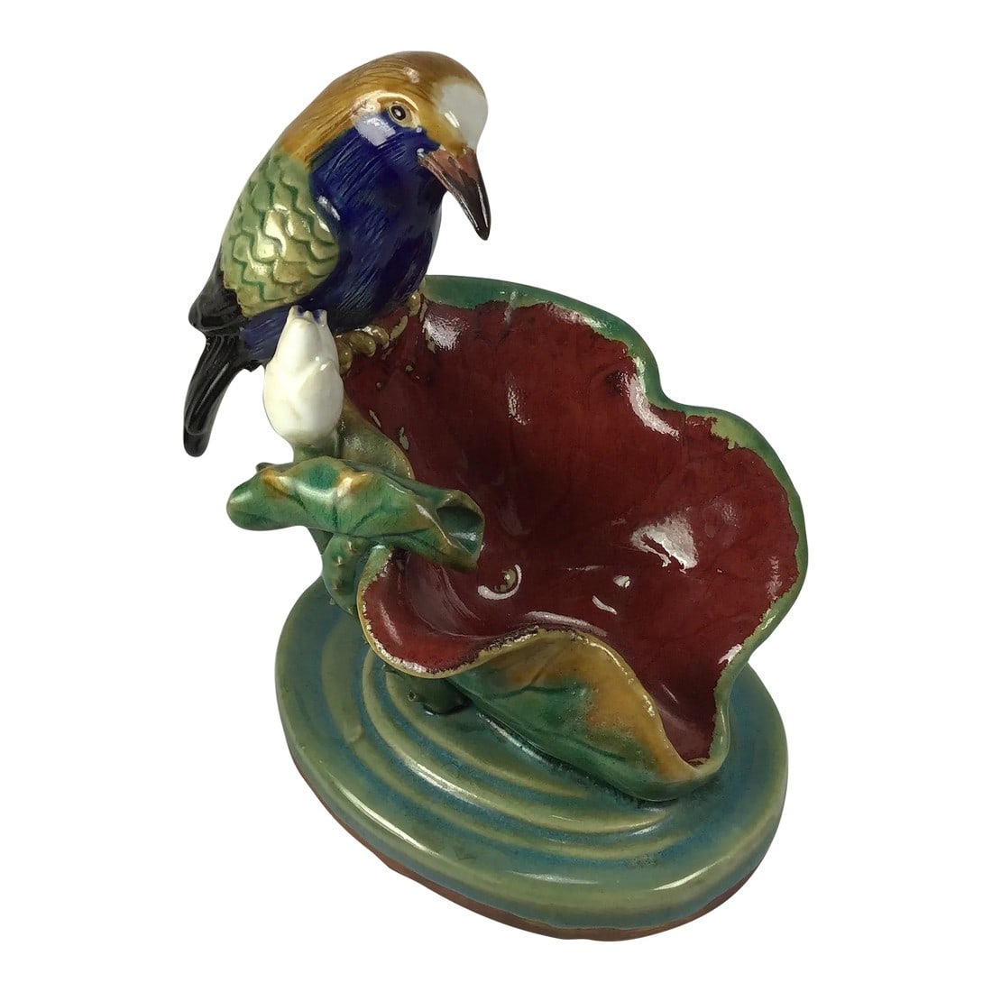 Majolica Victorian Bird Perched on Water Lily Fountain Ceramic Dish Bird on Leaf Blue Bird Parrot Wa: Majolica Victorian glazed ceramic pottery bowl. A beautiful colorful blue bird parrot perched on the side of a water lily with a curled leaf which is hollow. A tube could be inserted for water to