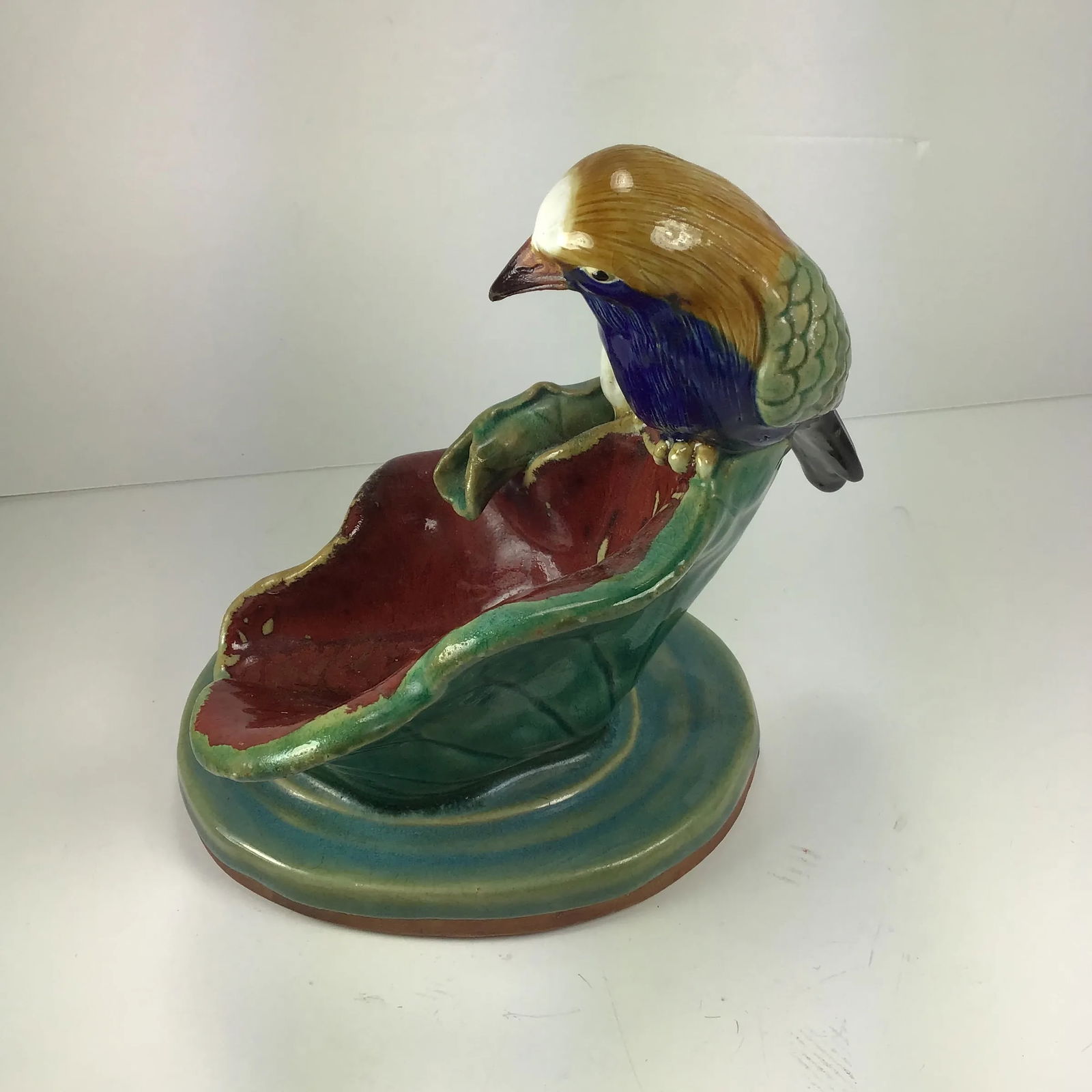 Majolica Victorian Bird Perched on Water Lily Fountain Ceramic Dish Bird on Leaf Blue Bird Parrot Wa - 2