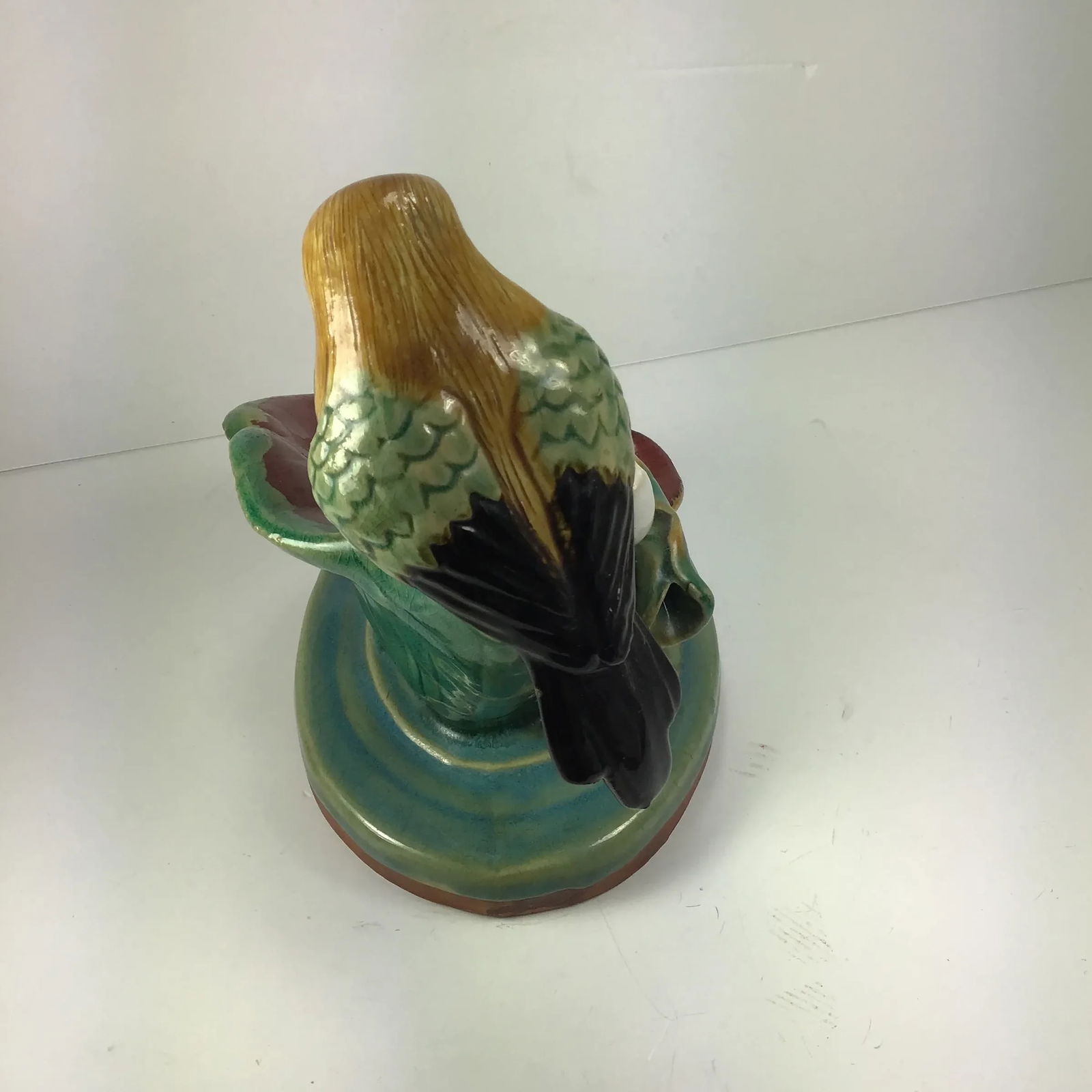 Majolica Victorian Bird Perched on Water Lily Fountain Ceramic Dish Bird on Leaf Blue Bird Parrot Wa - 3