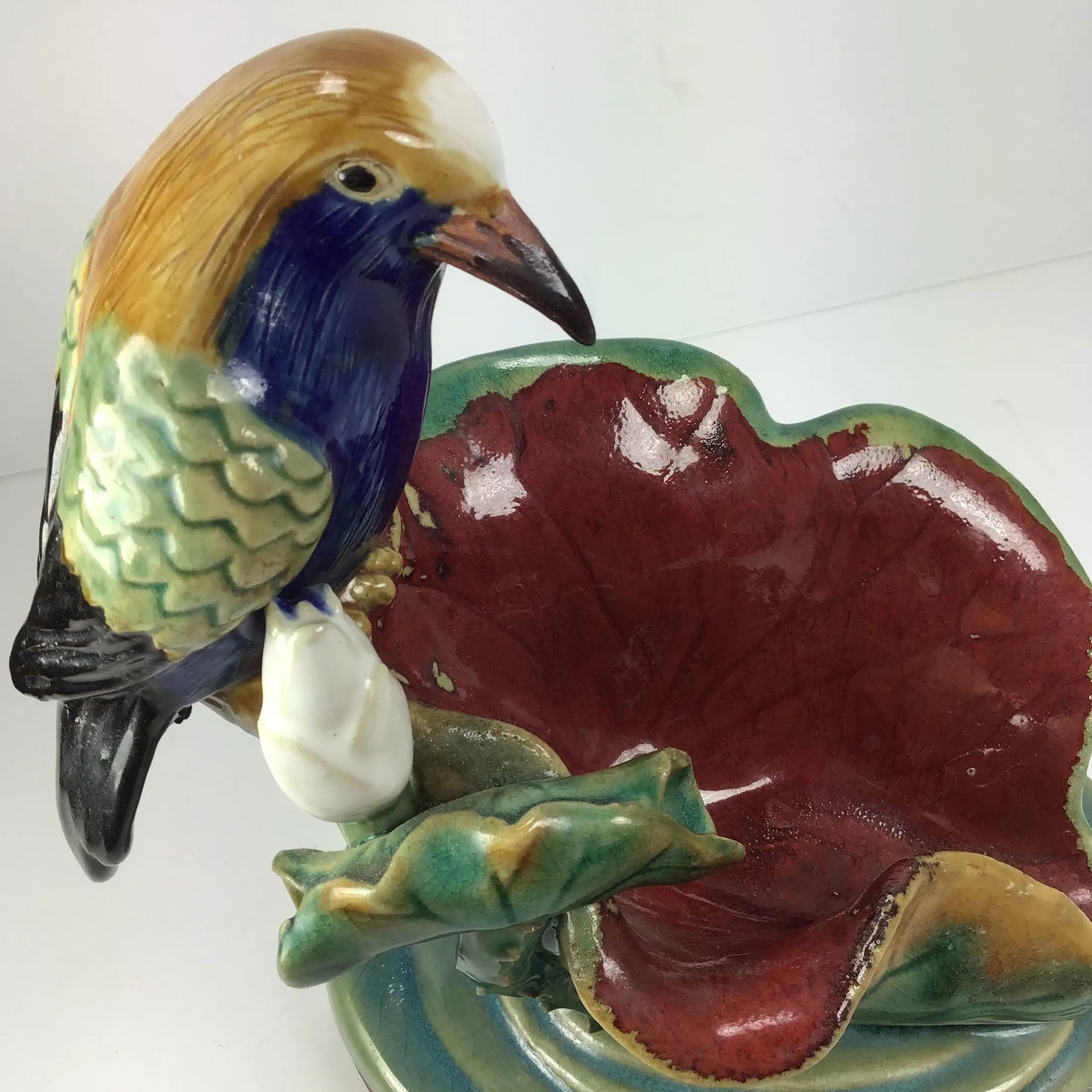Majolica Victorian Bird Perched on Water Lily Fountain Ceramic Dish Bird on Leaf Blue Bird Parrot Wa - 4