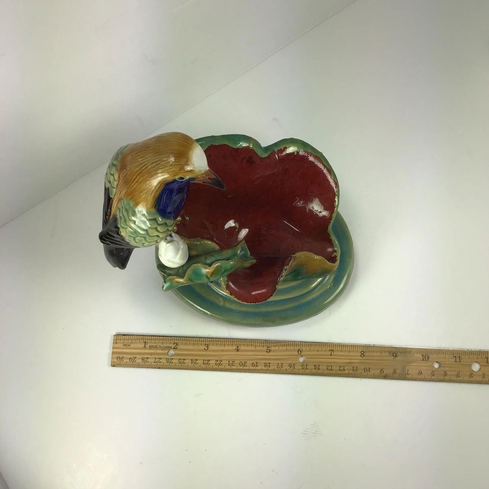 Majolica Victorian Bird Perched on Water Lily Fountain Ceramic Dish Bird on Leaf Blue Bird Parrot Wa - 6