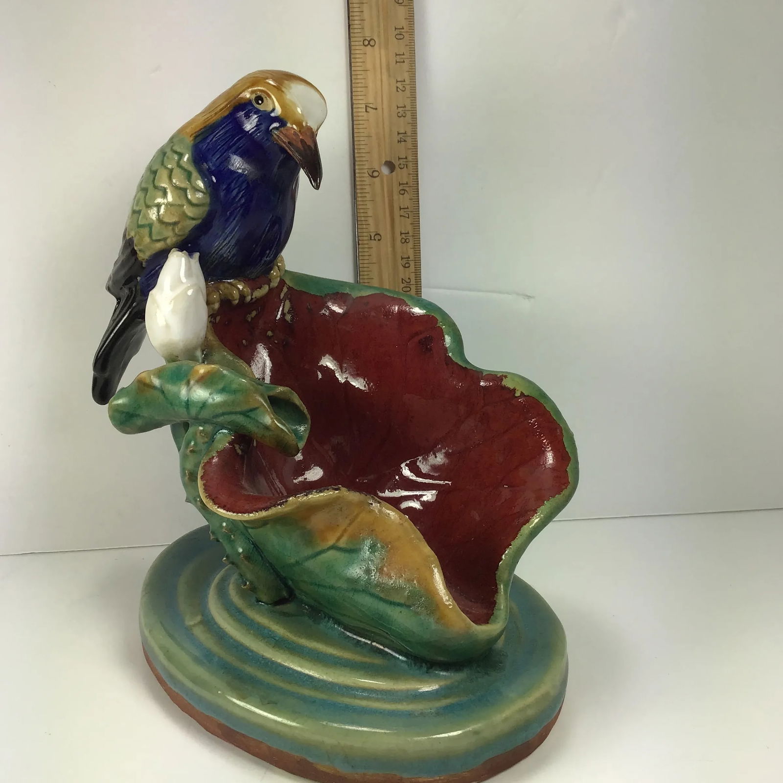 Majolica Victorian Bird Perched on Water Lily Fountain Ceramic Dish Bird on Leaf Blue Bird Parrot Wa - 8