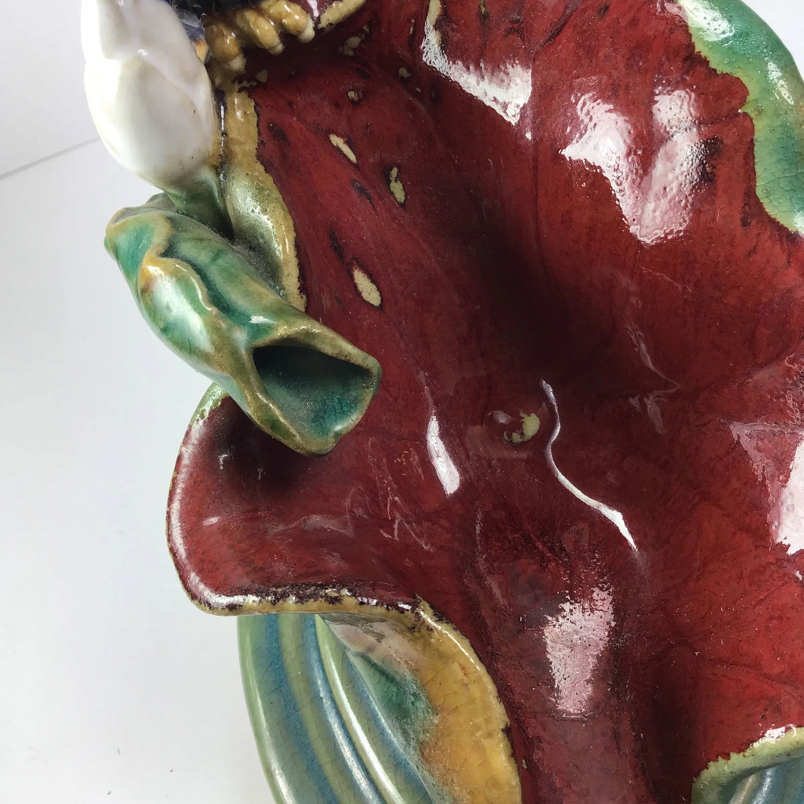Majolica Victorian Bird Perched on Water Lily Fountain Ceramic Dish Bird on Leaf Blue Bird Parrot Wa - 9
