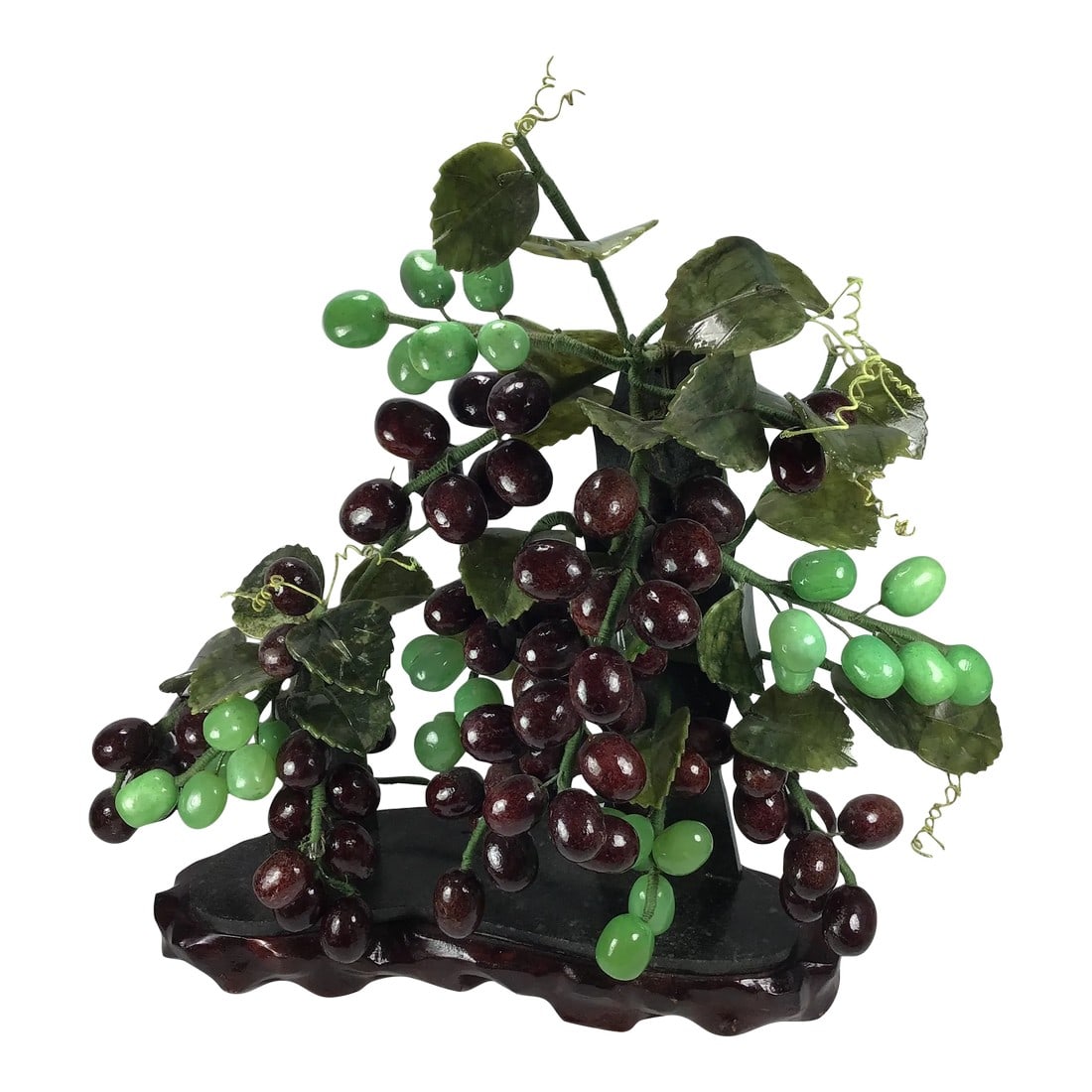 Asian Jade Stone Grape Bonsai Tree Mid 20th Century Chinese Oriental Asian Grape Bonsai Tree Vine Ja: Stunning handmade rare Vintage grape vine bonsai tree. Marble jade stone grapes and leaves. very large heavy piece. Purple and green variegated grapes. Large granite look base on top of wood carved ba