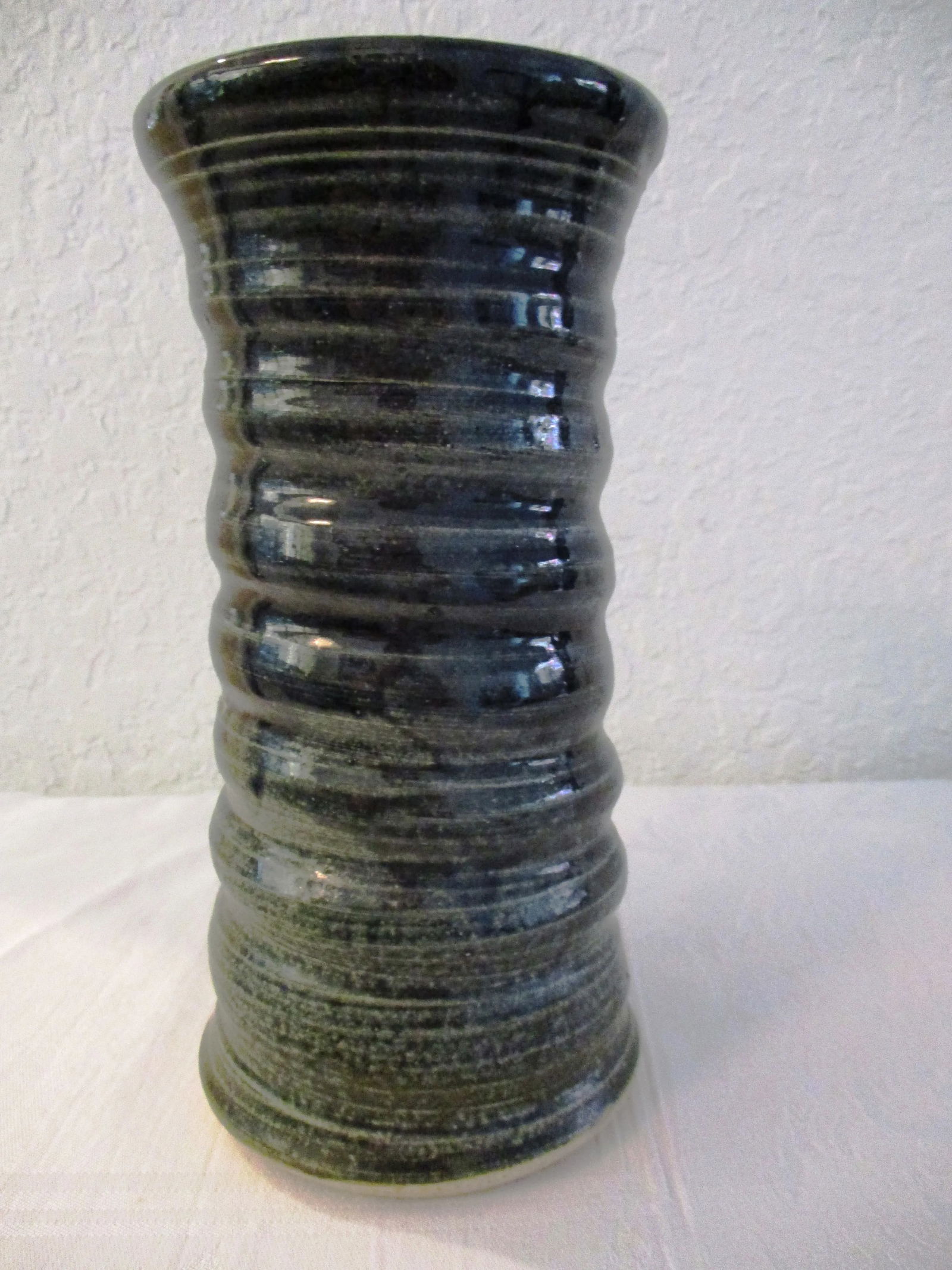 Studio Art Dark Teal Ribbed Pottery Cylinder Vase - 2
