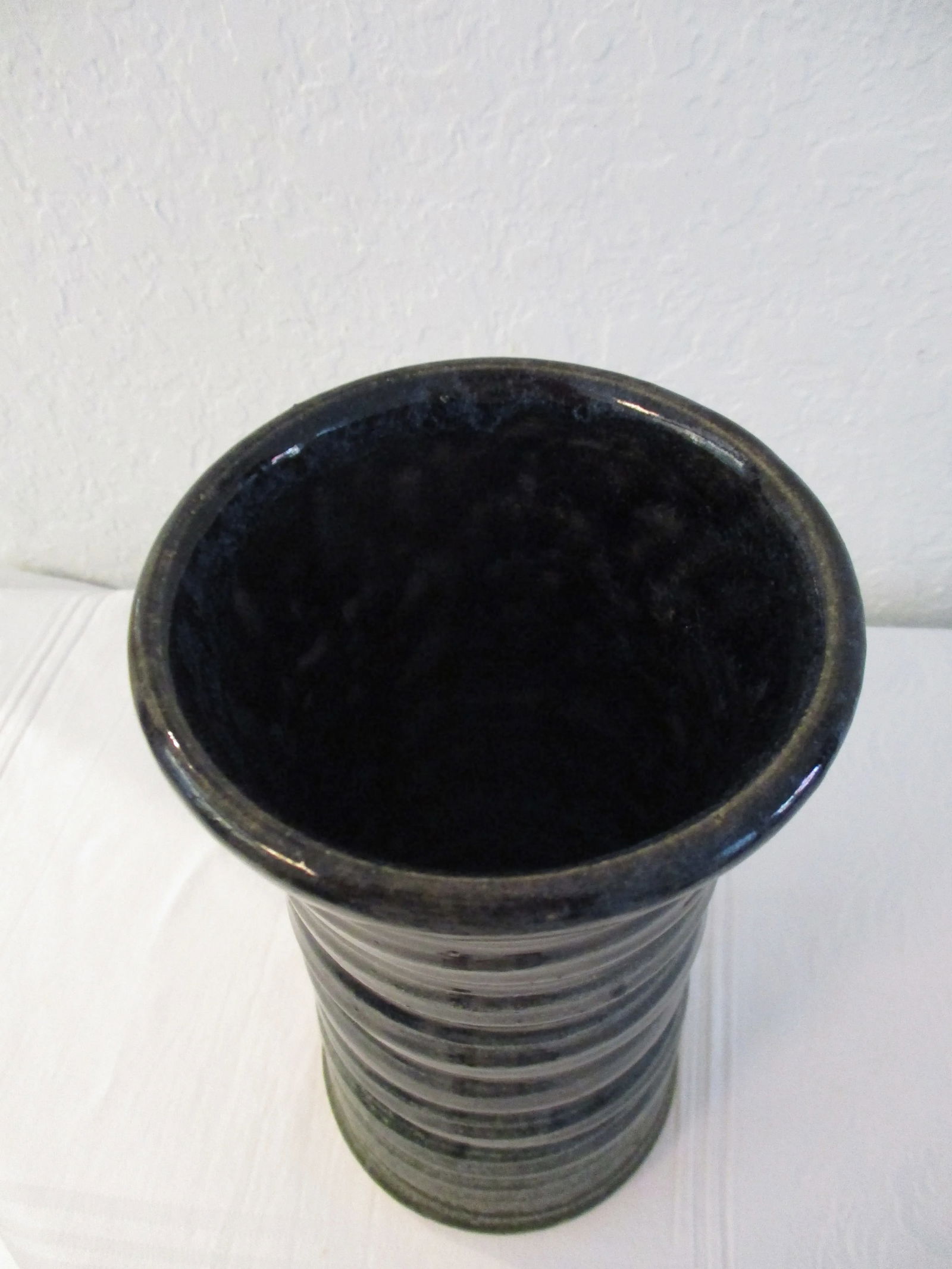Studio Art Dark Teal Ribbed Pottery Cylinder Vase - 4