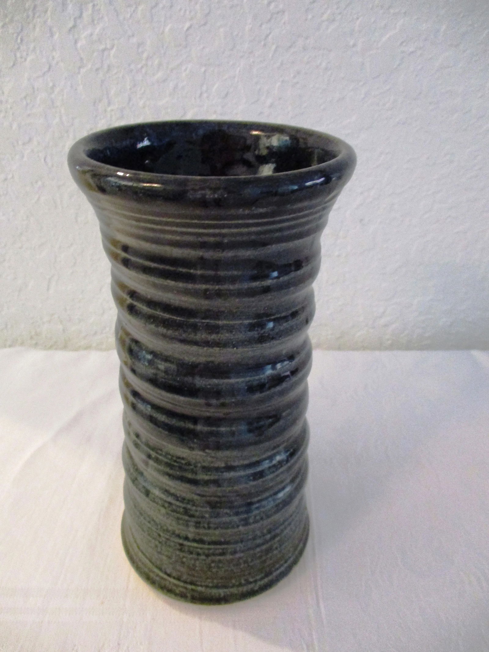 Studio Art Dark Teal Ribbed Pottery Cylinder Vase - 5