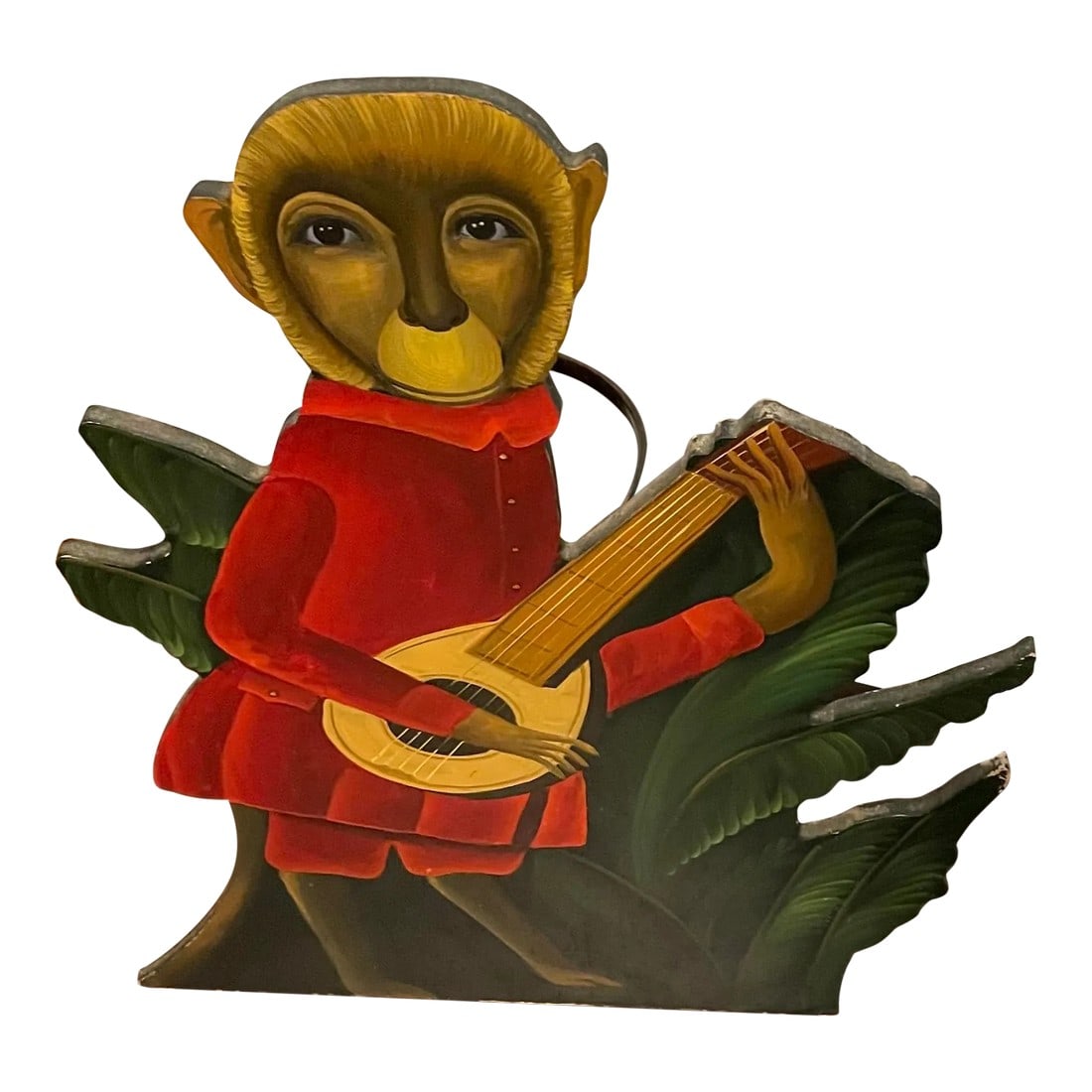 Vintage Wooden Monkey and Lyre in the Style of Fornasetti Umbrella Stand: This old-world whimsical Fornasetti-style umbrella or cane holder has some wear on the edges and rust on the back of a metal piece. It's made from wood, metal, and paint. Condition: Alterations: