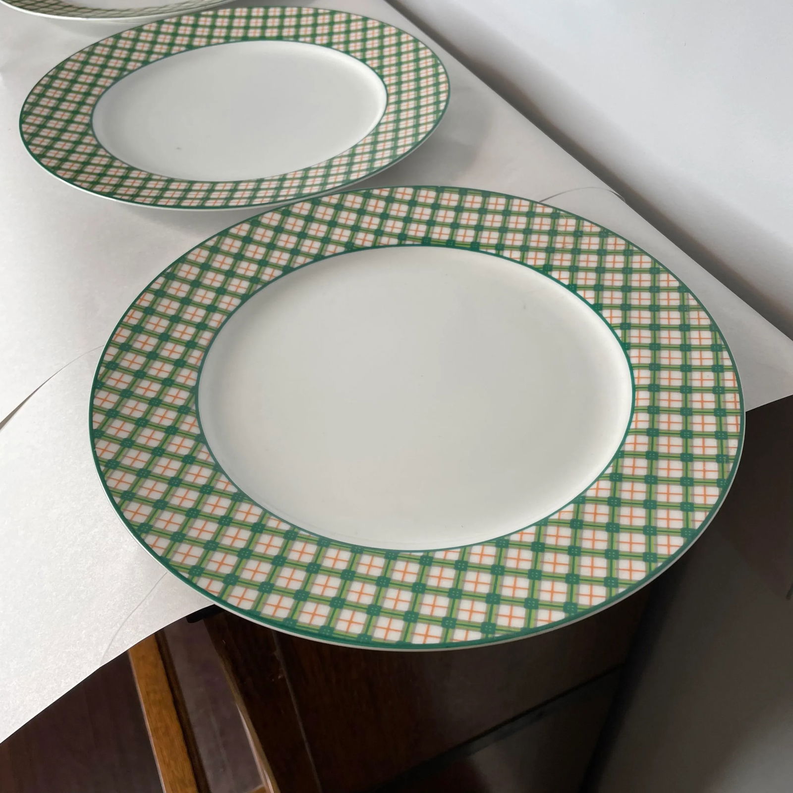 1975 Fitz and Floyd Green and Orange Tartan Rimmed Plates- Set of 3 - 3
