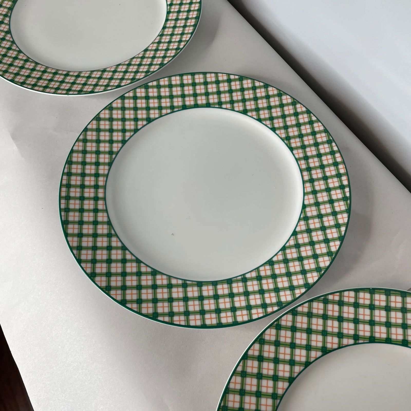 1975 Fitz and Floyd Green and Orange Tartan Rimmed Plates- Set of 3 - 4