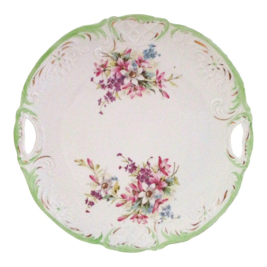 Mid-Century Hand-Painted Floral Porcelain Handled Serving Plate: Lovely mid-century white porcelain double-handled serving plate featuring a delicate hand-painted floral motif in shades of lavender, magenta, yellow and blue with an ornate raised design around rim a
