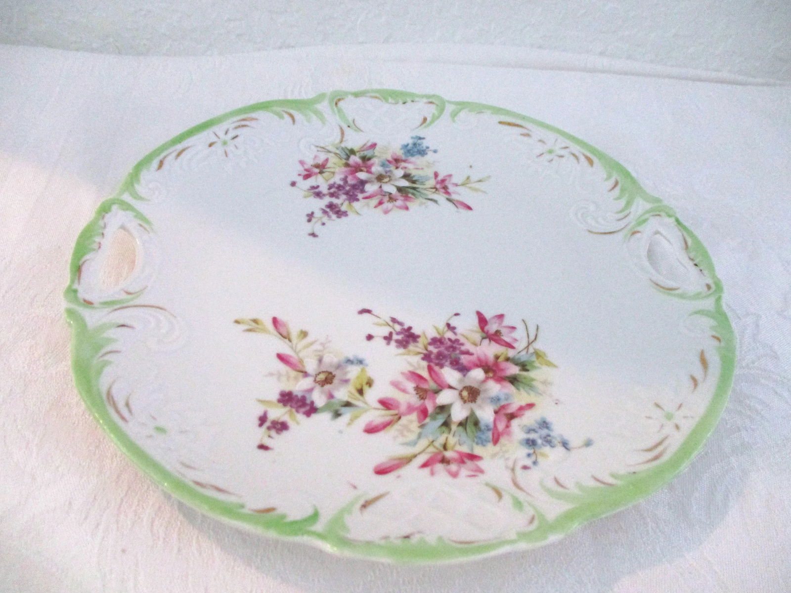 Mid-Century Hand-Painted Floral Porcelain Handled Serving Plate - 2