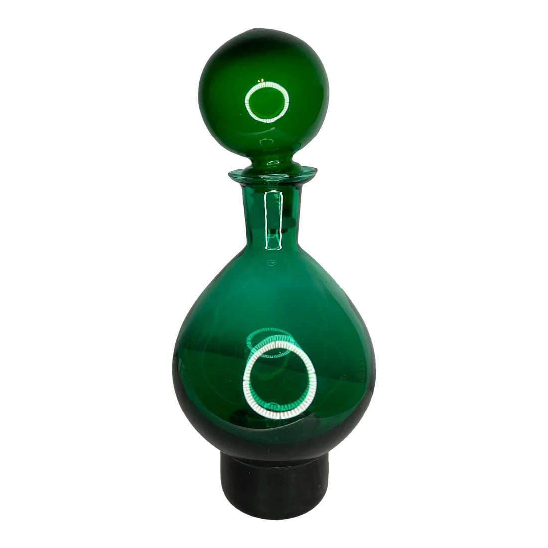 Mid Century Modern Emerald Green Glass Decanter With Stopper- 2 Pcs.: Fantastic emerald green glass decanter with bulbous stopper. In great shape with no cracks or chips. There is a slight warp in the glass around the rim of the decanter from when it was made. Please
