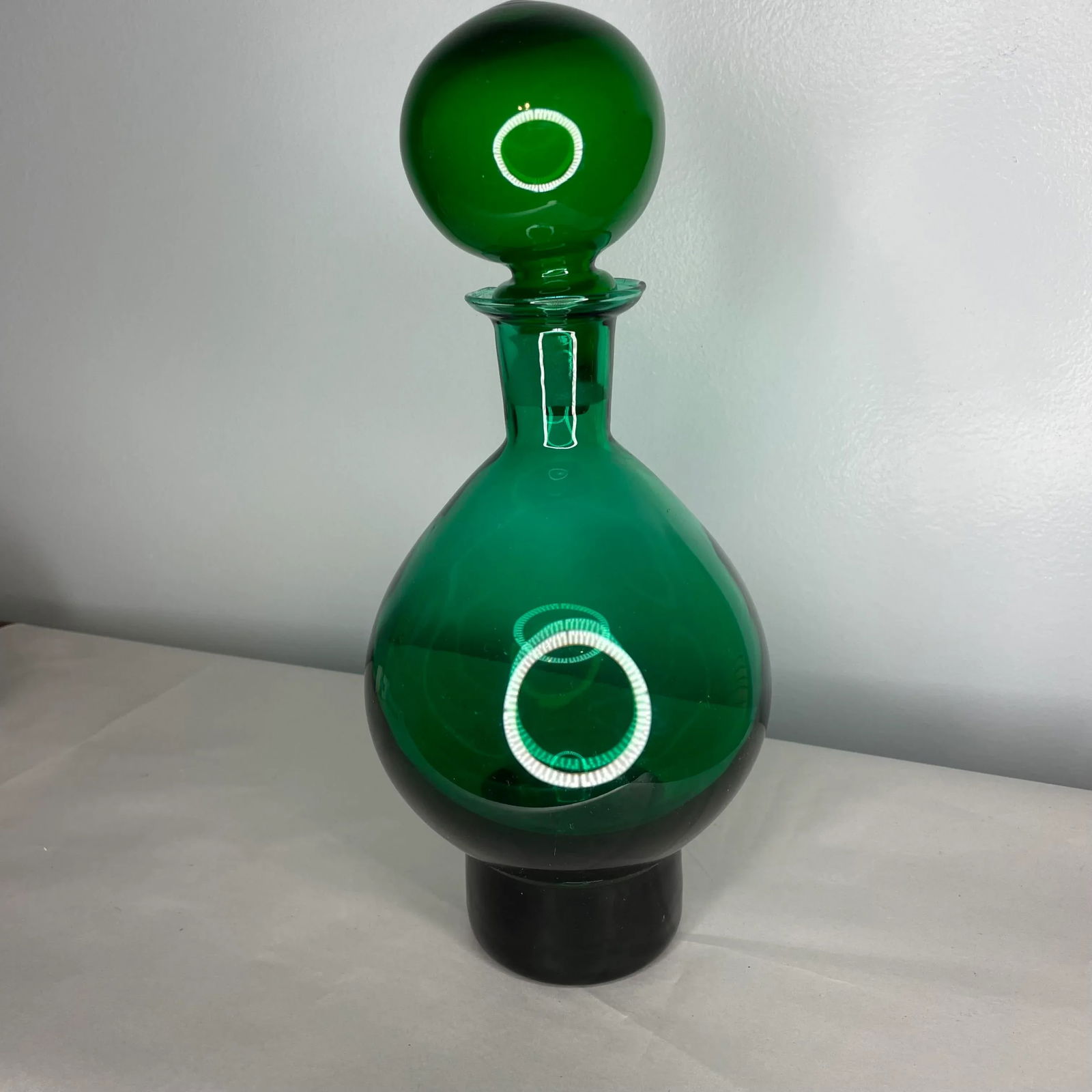 Mid Century Modern Emerald Green Glass Decanter With Stopper- 2 Pcs. - 2